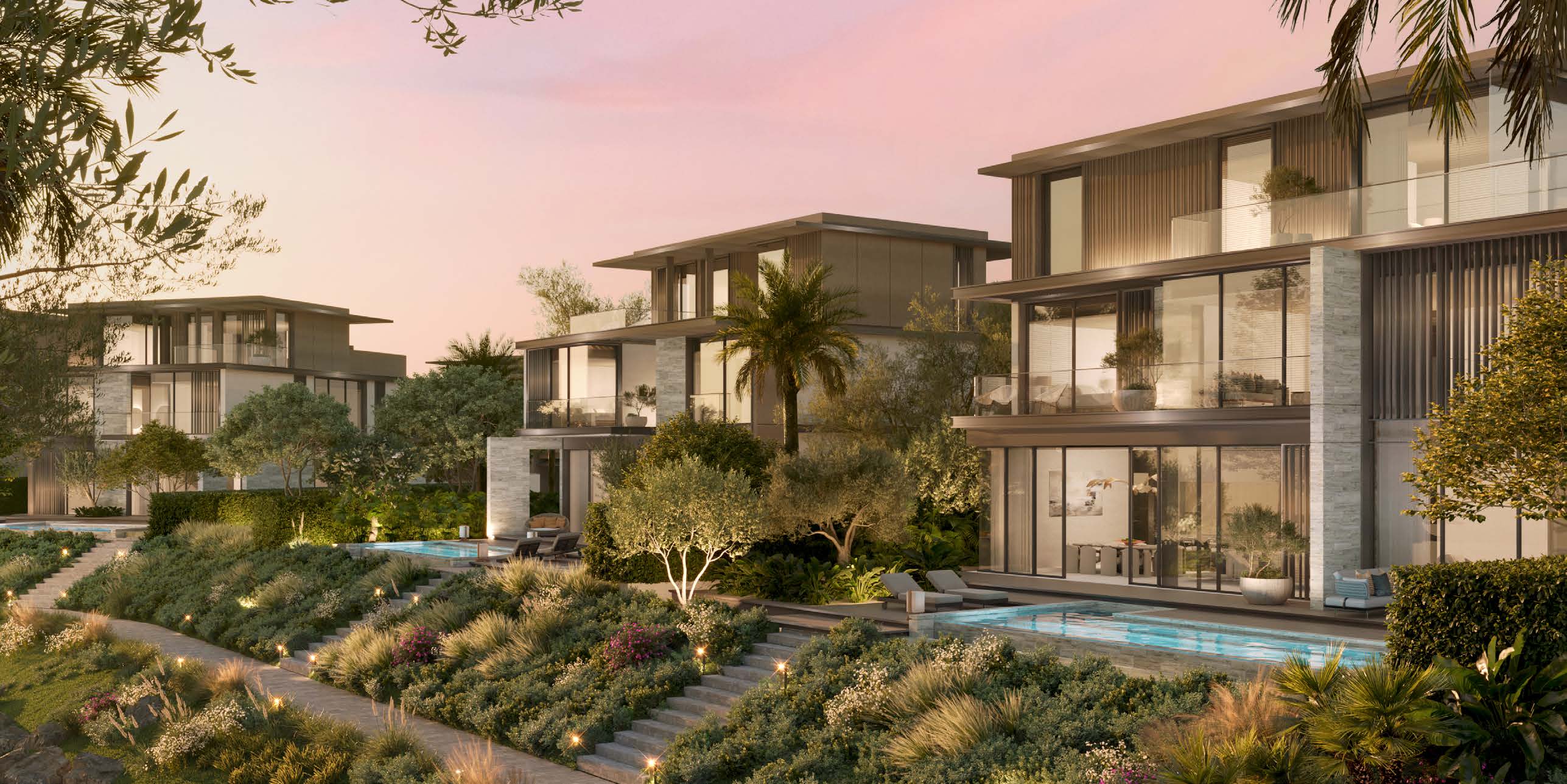 Villas at Nad Al Sheba Gardens, Dubai, at dusk