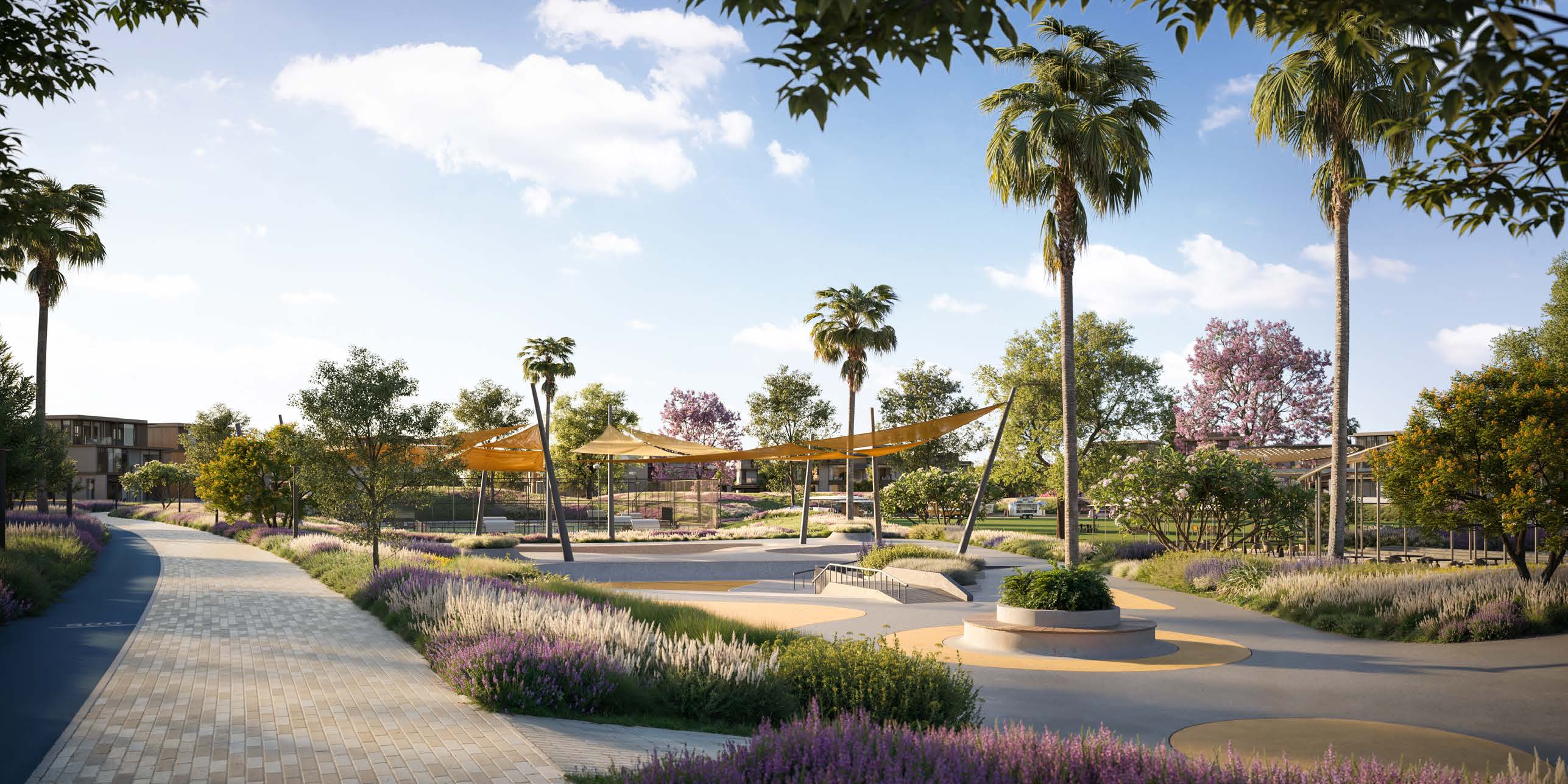 A landscaped park and walkway at Nad Al Sheba Gardens