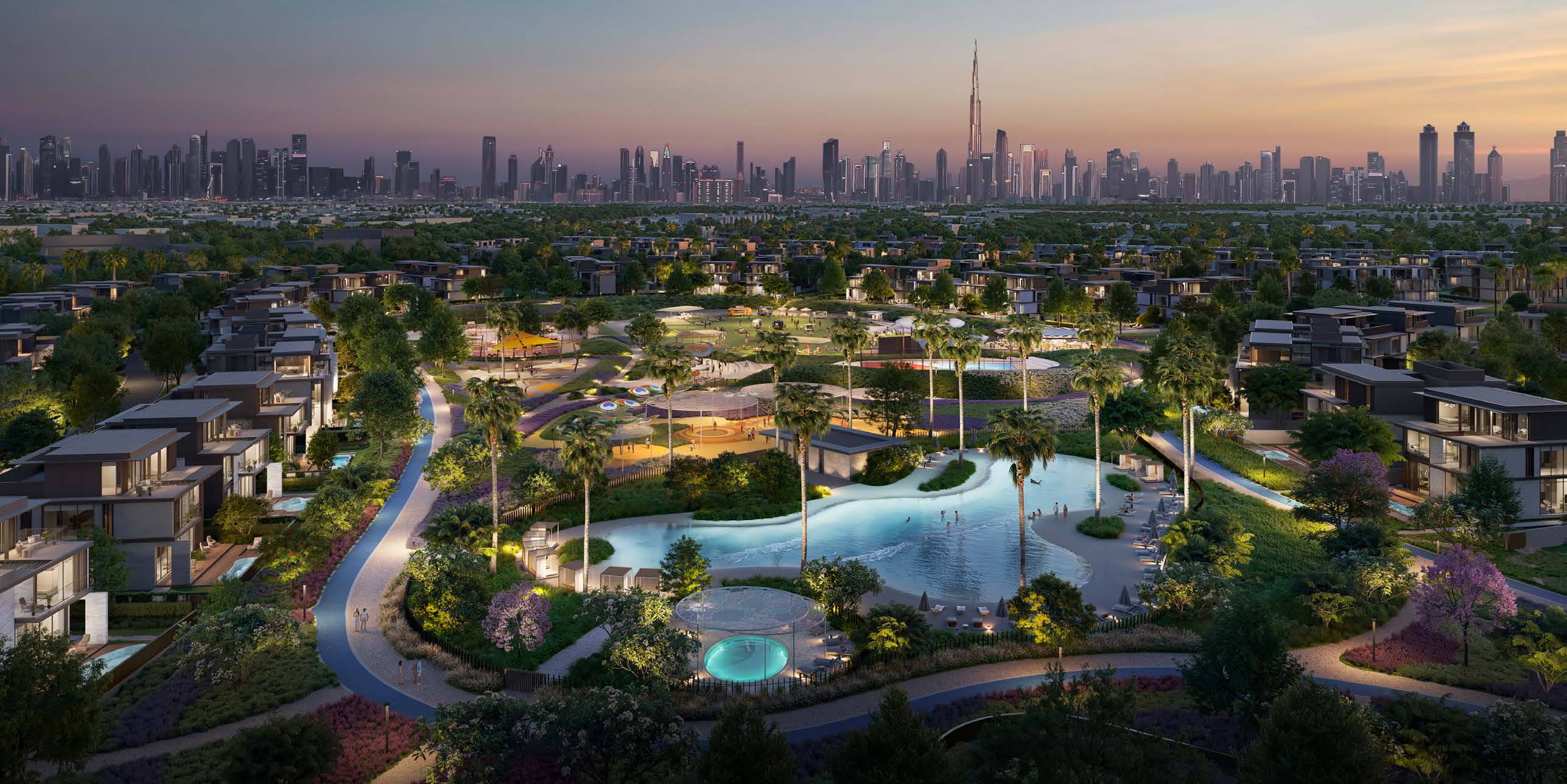 Nad Al Sheba Gardens at dusk with the Downtown Dubai skyline behind