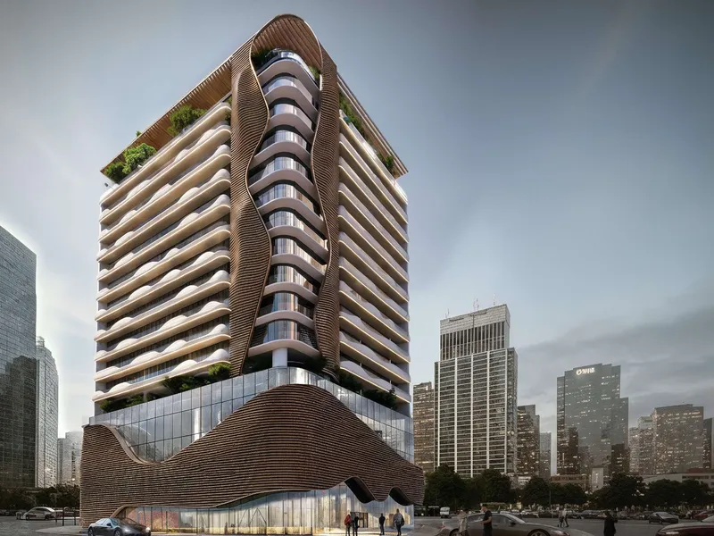 Sky Harmony tower with wave-shaped balconies and timber fins at dusk