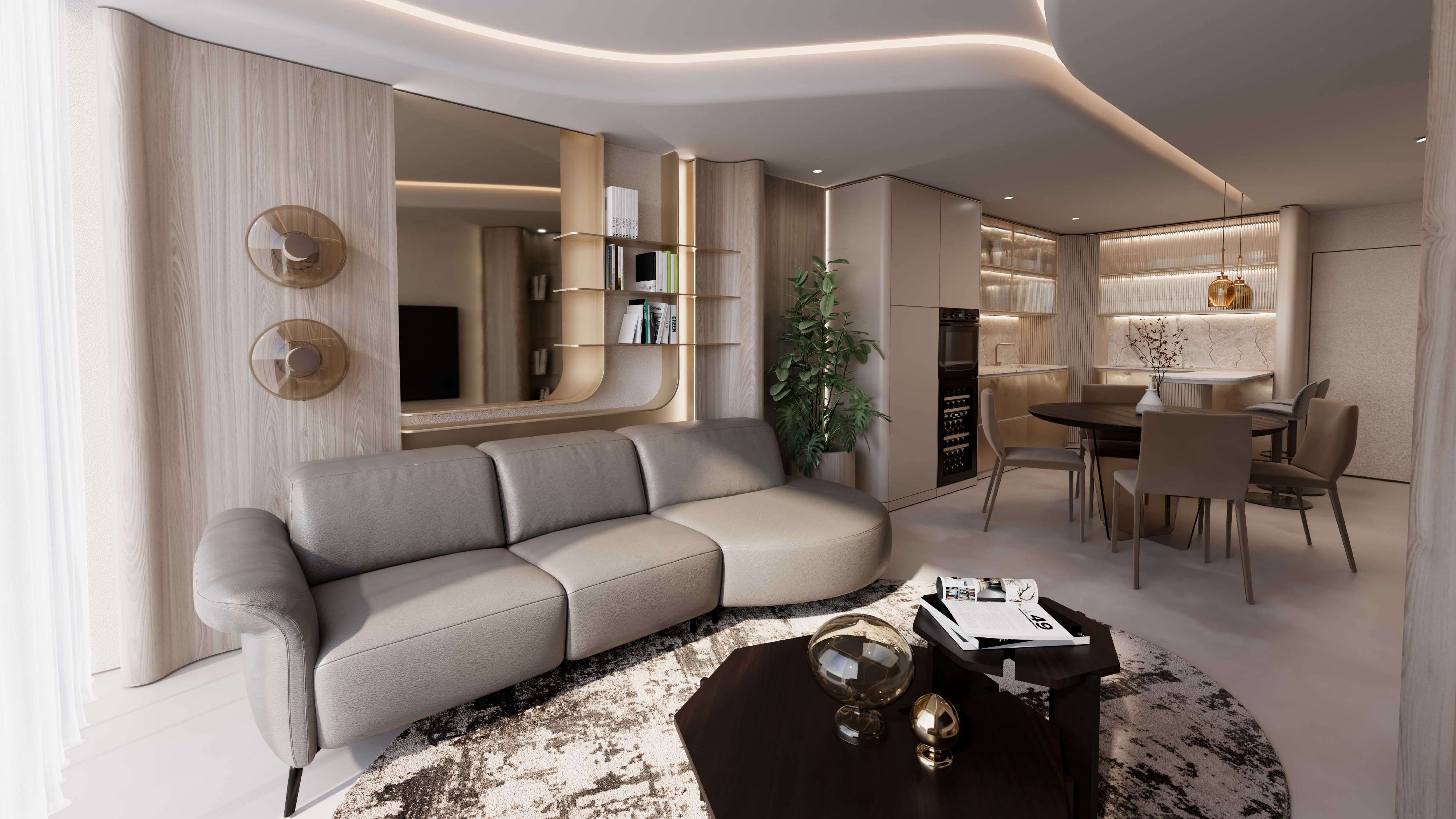 Living room with curved sofa, wood panelling and kitchen beyond