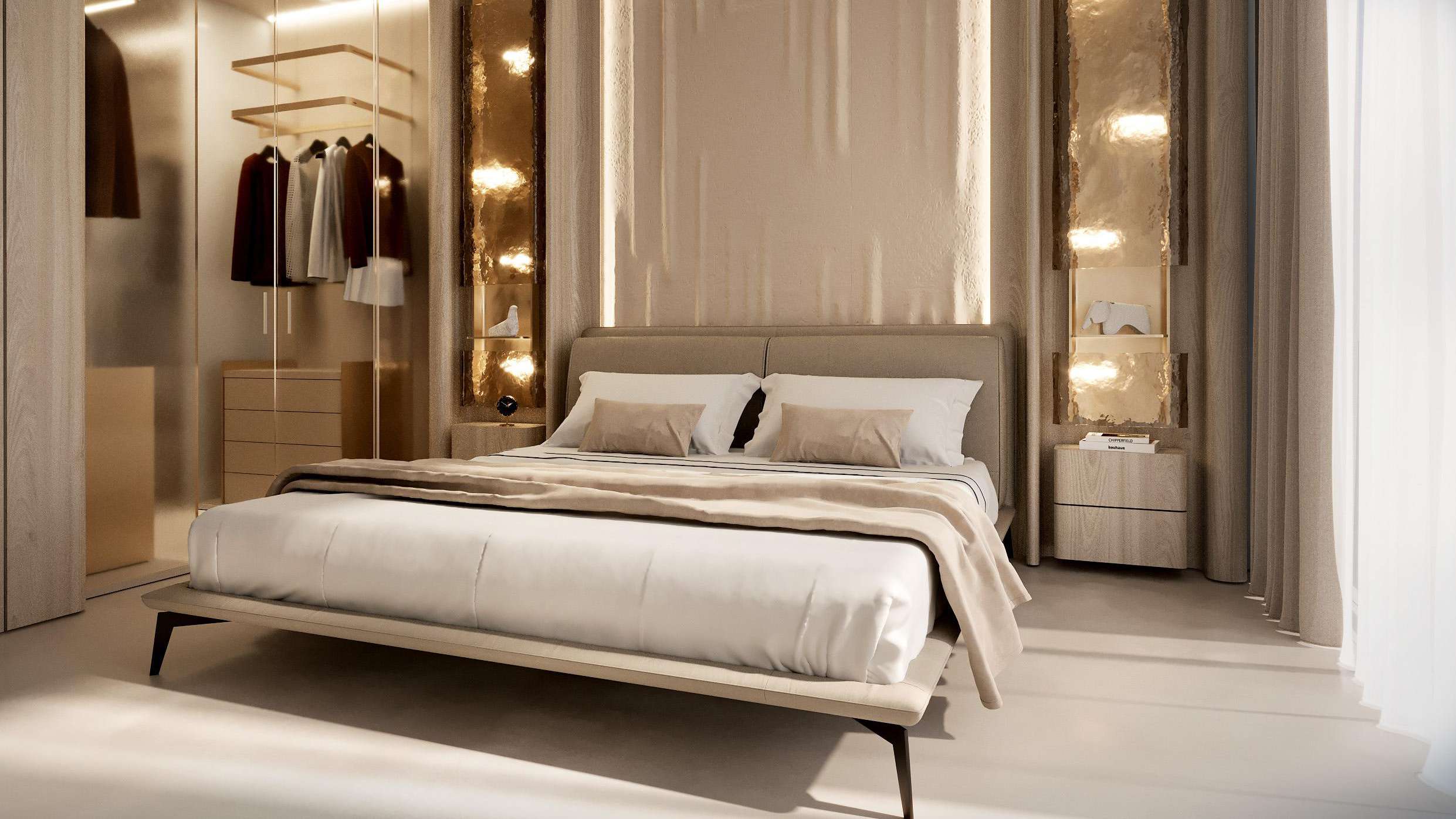 Bedroom with upholstered bed, lit wall niches and glass wardrobe