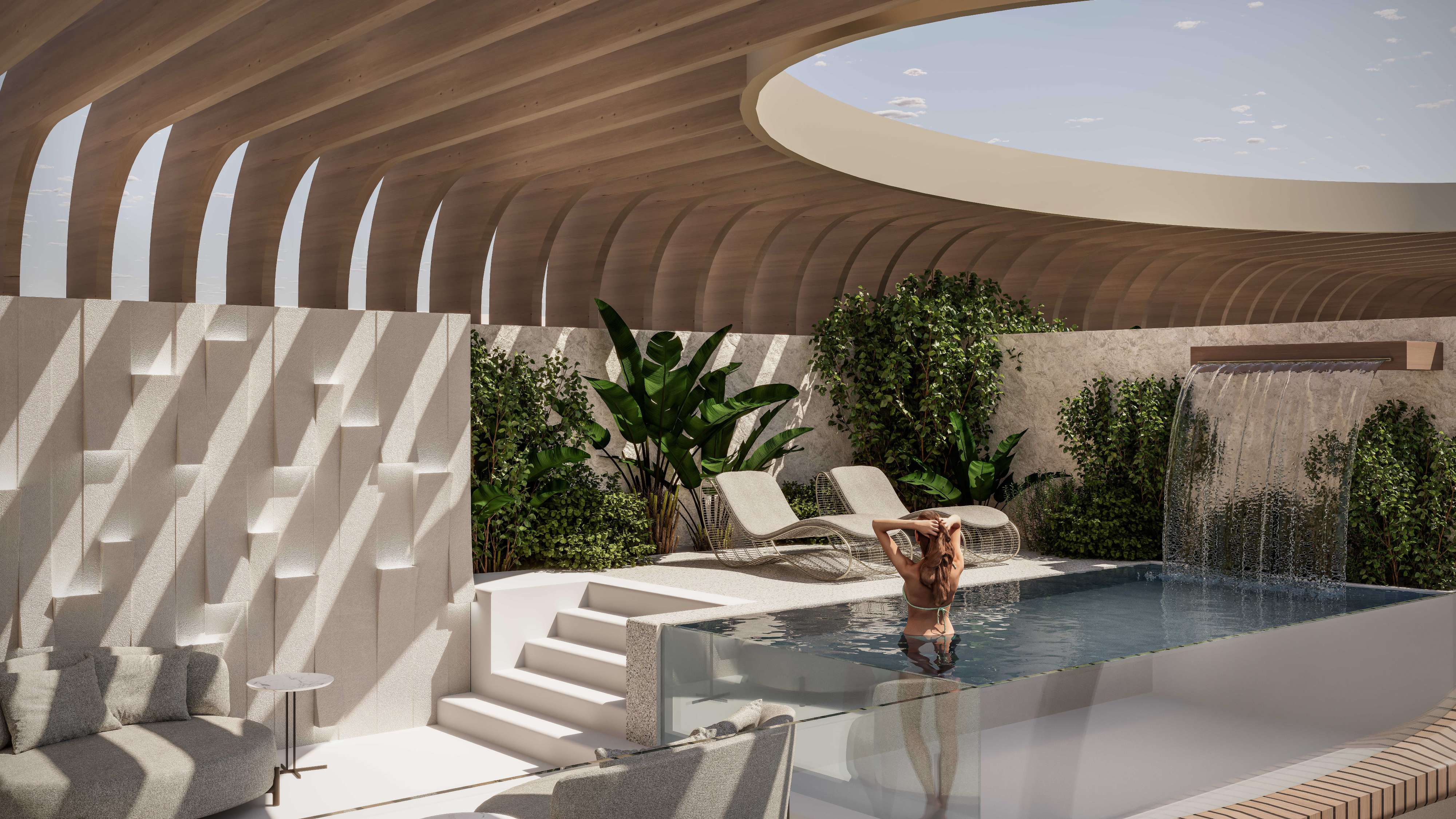 Private rooftop pool with waterfall under a curved timber pergola
