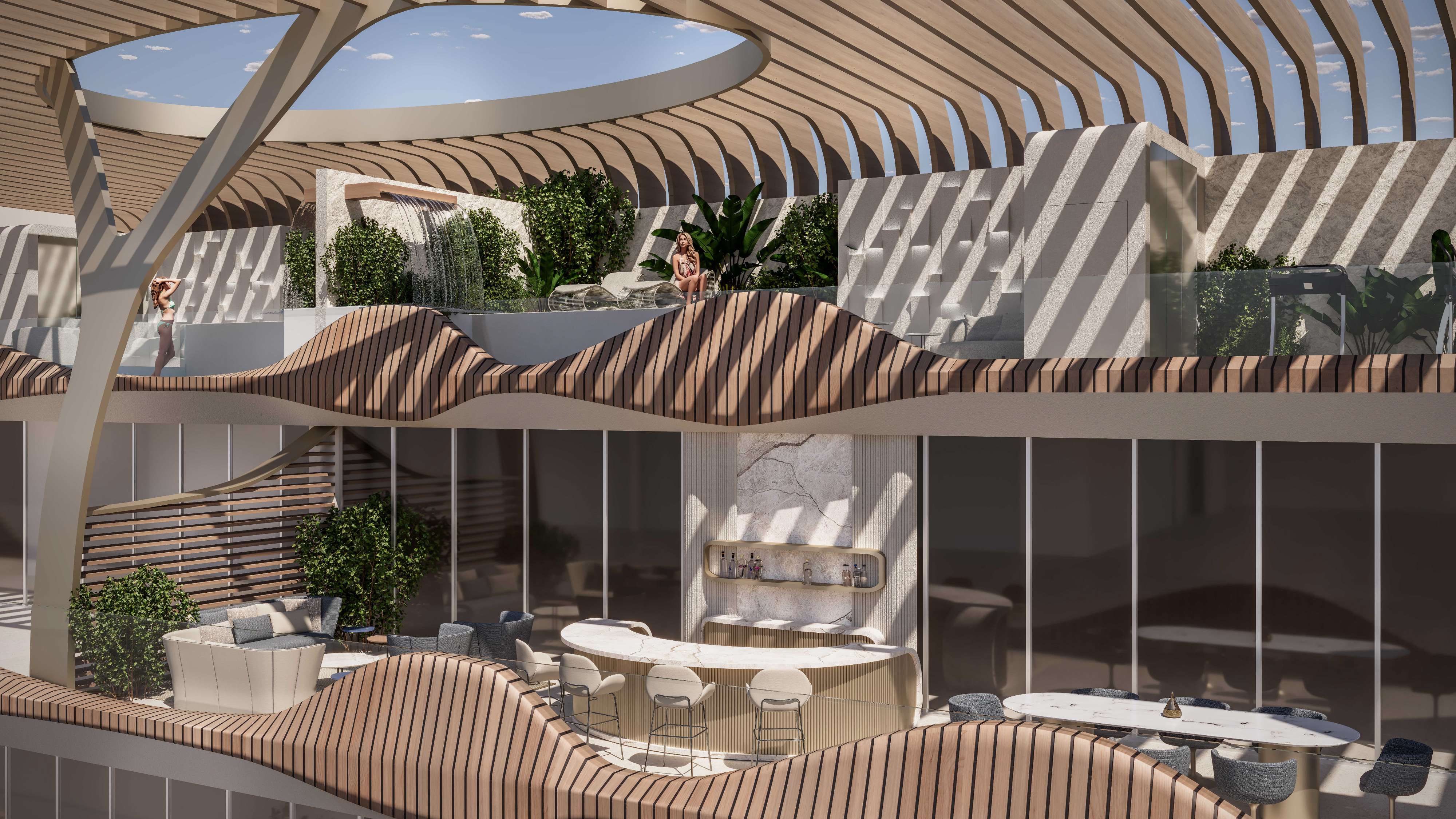 Penthouse terrace with marble bar, lounge seating and pool level above