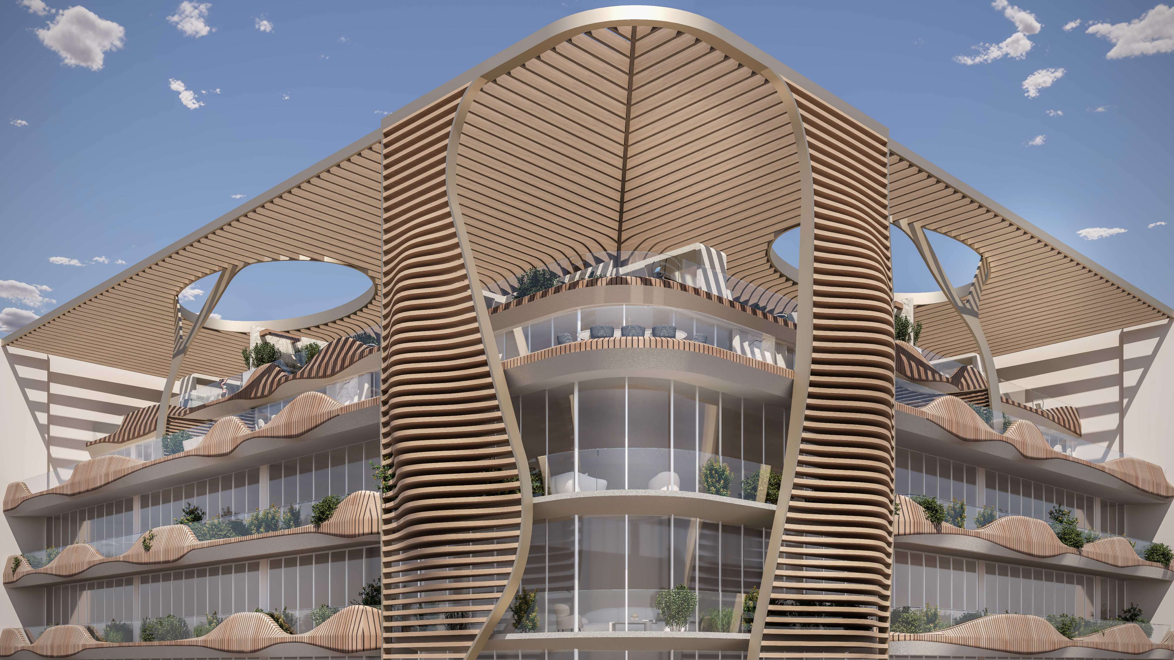 The tower's crown with timber canopy and wave balconies against blue sky
