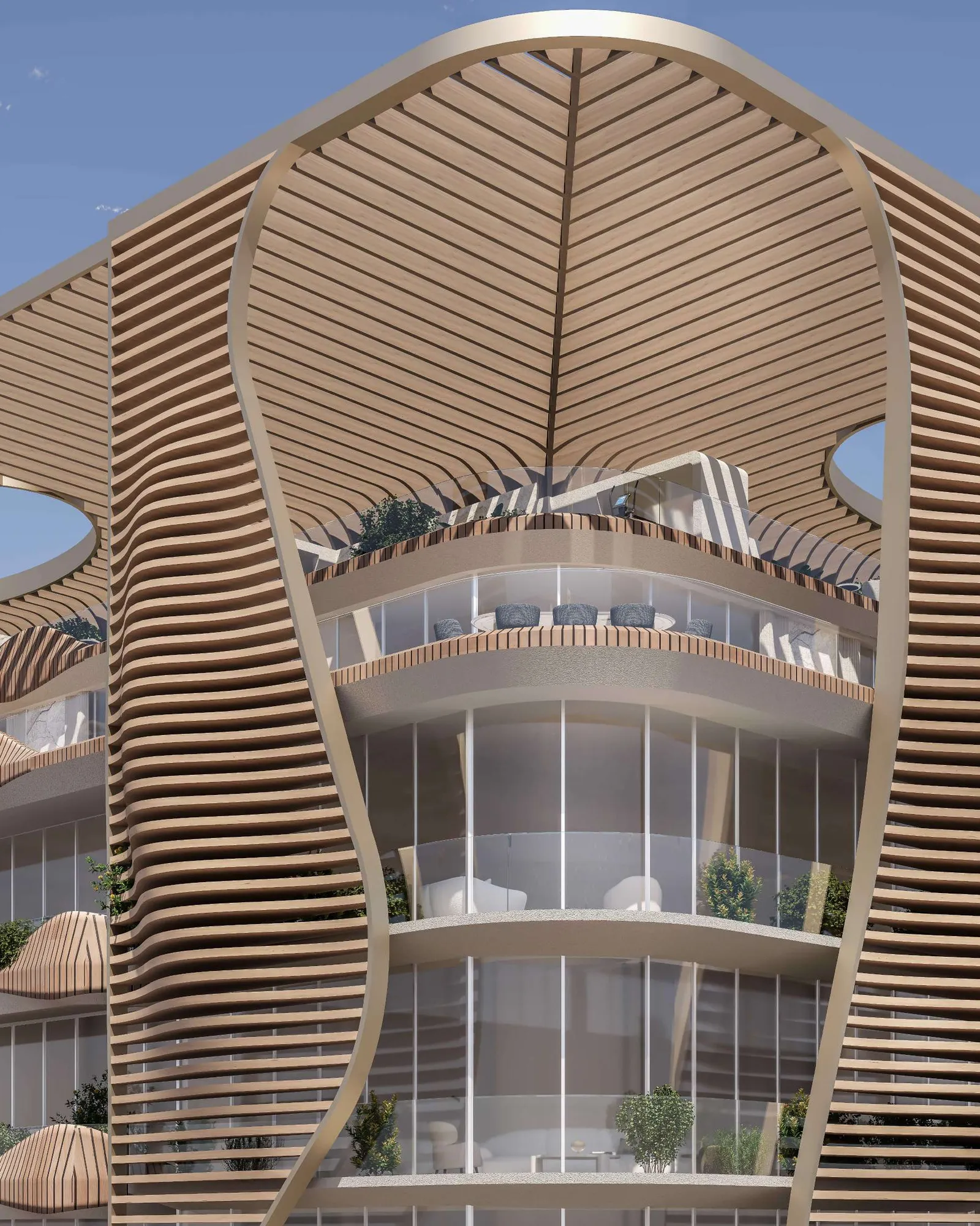 The tower's crown with timber canopy and wave balconies against blue sky