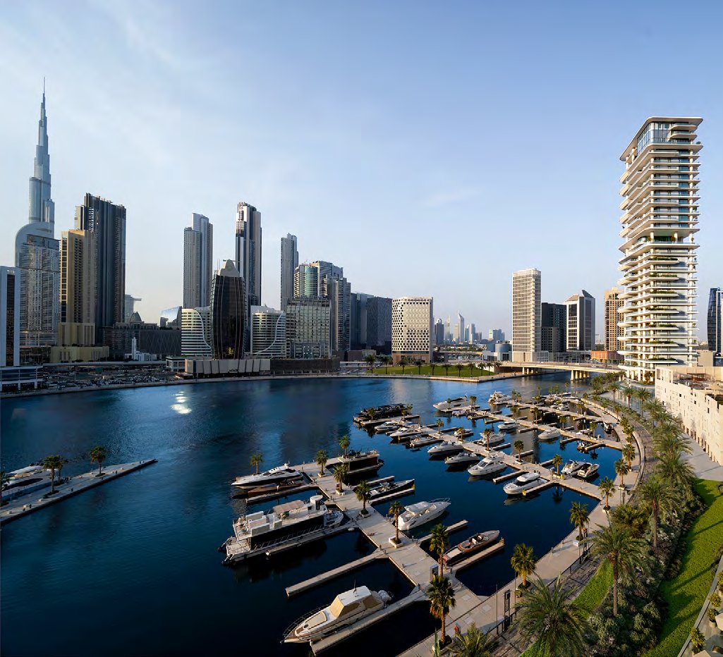 Marasi Bay marina with VELA and the Burj Khalifa skyline