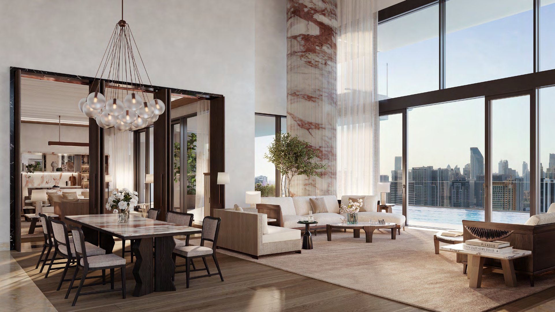 Open dining and living space with glass chandelier and city views