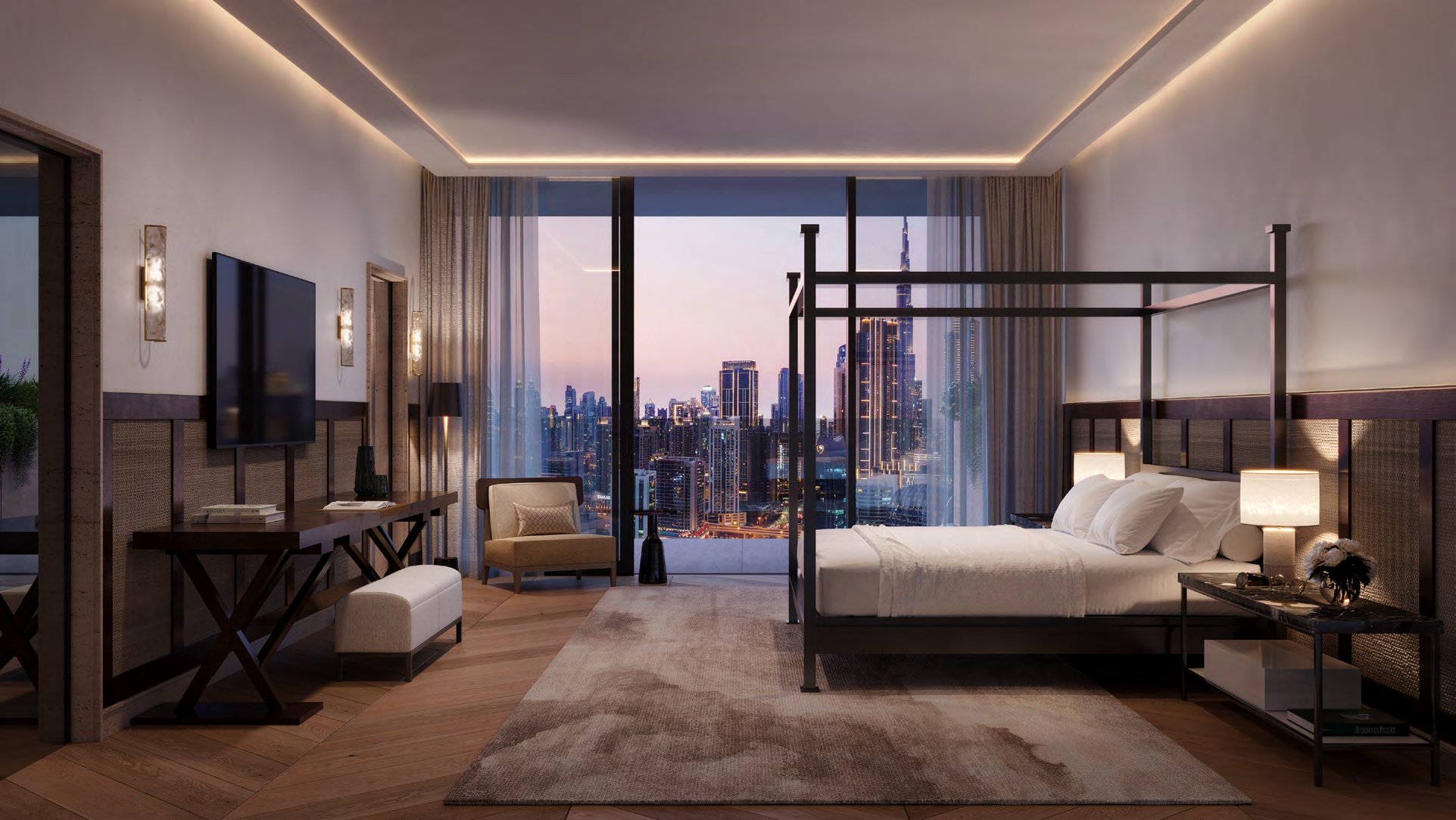 Bedroom with four-poster bed and floor-to-ceiling view of Downtown