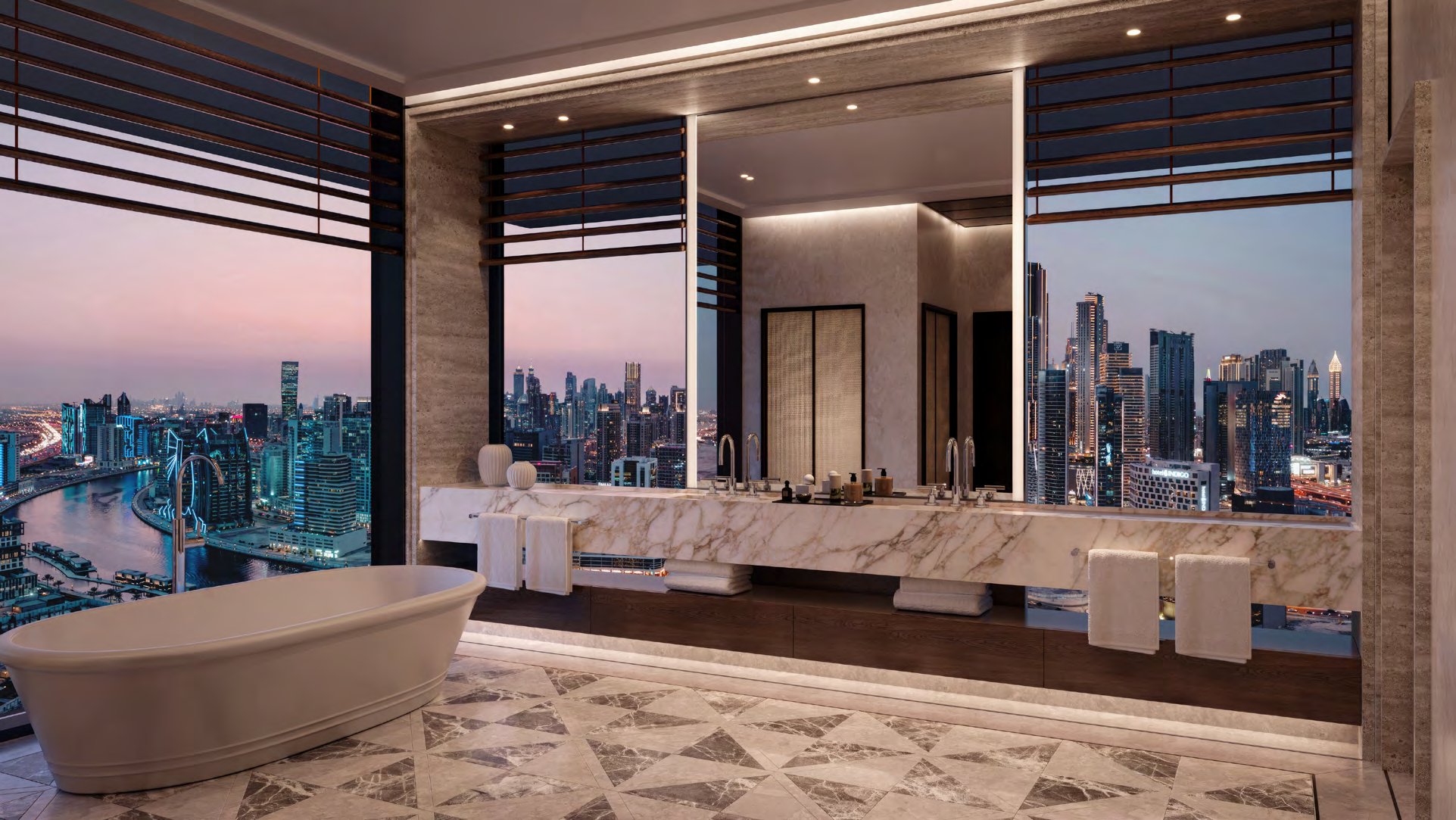Marble bathroom with freestanding bath and twin basins facing the skyline