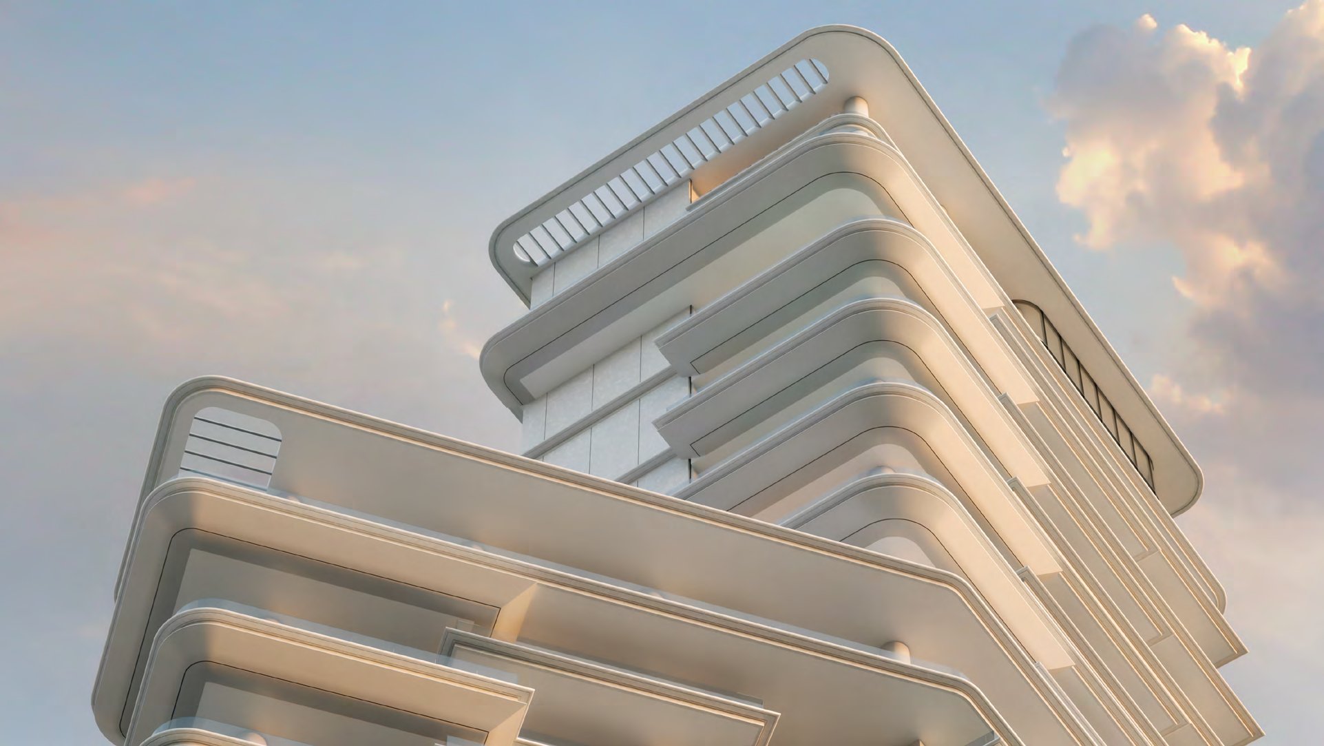 Curved terraces of VELA's crown against a soft evening sky