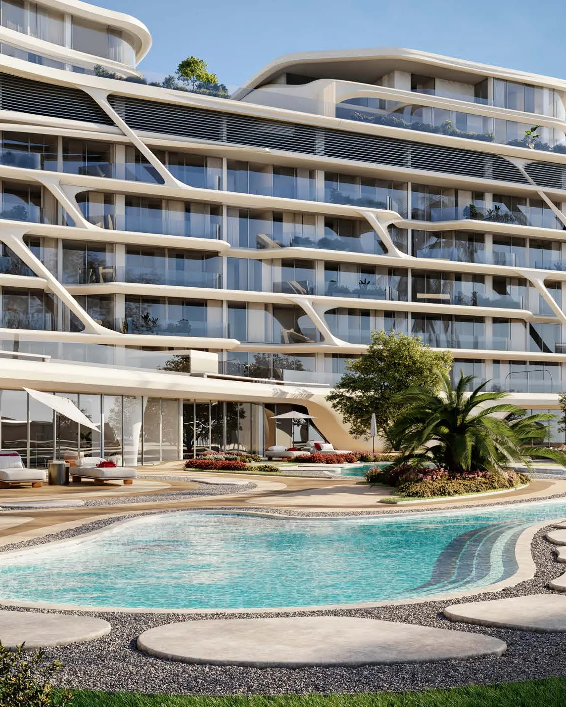 Flowing white façade with balconies above a garden pool and sun loungers
