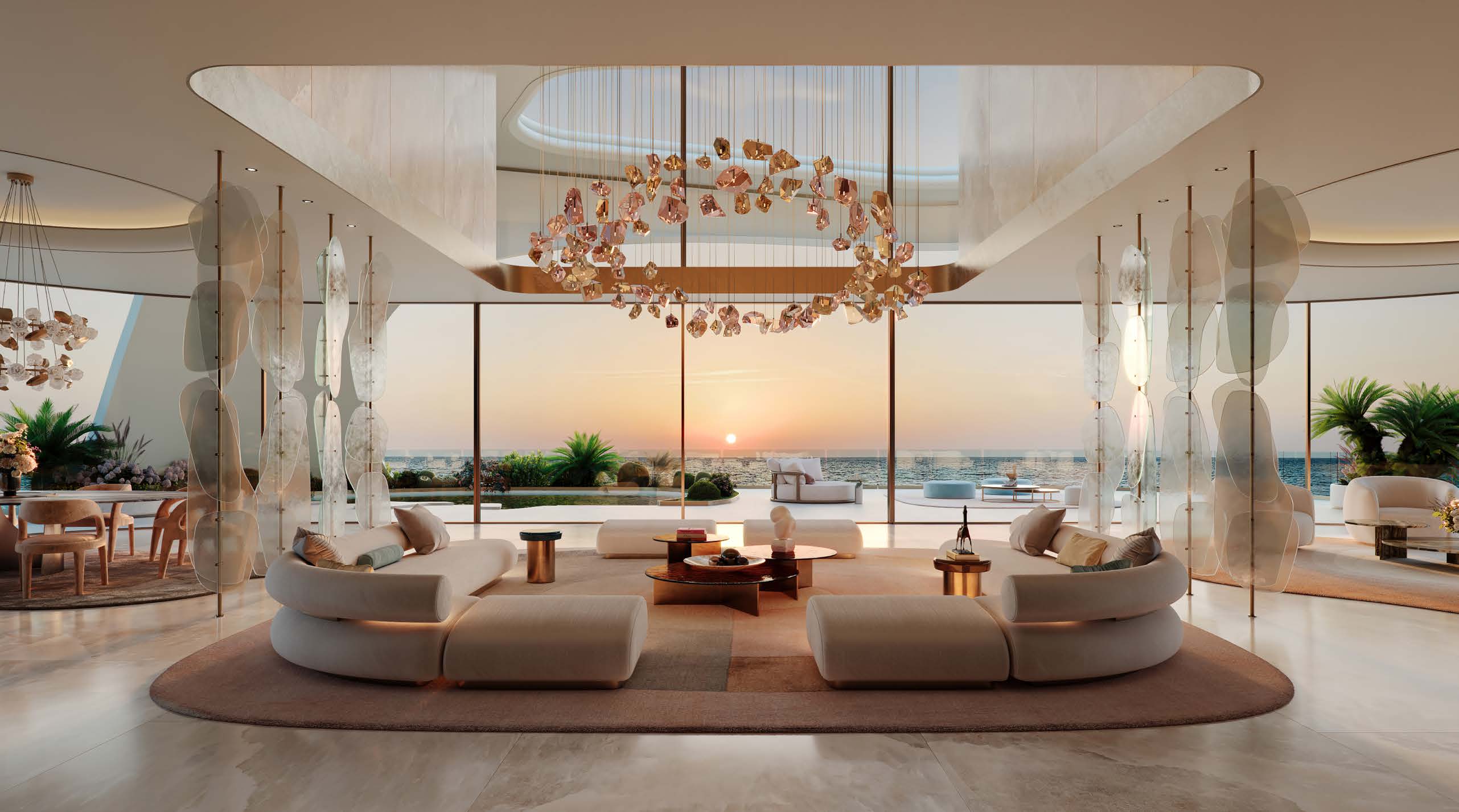 Sky Mansion living room with curved sofas and sunset sea view