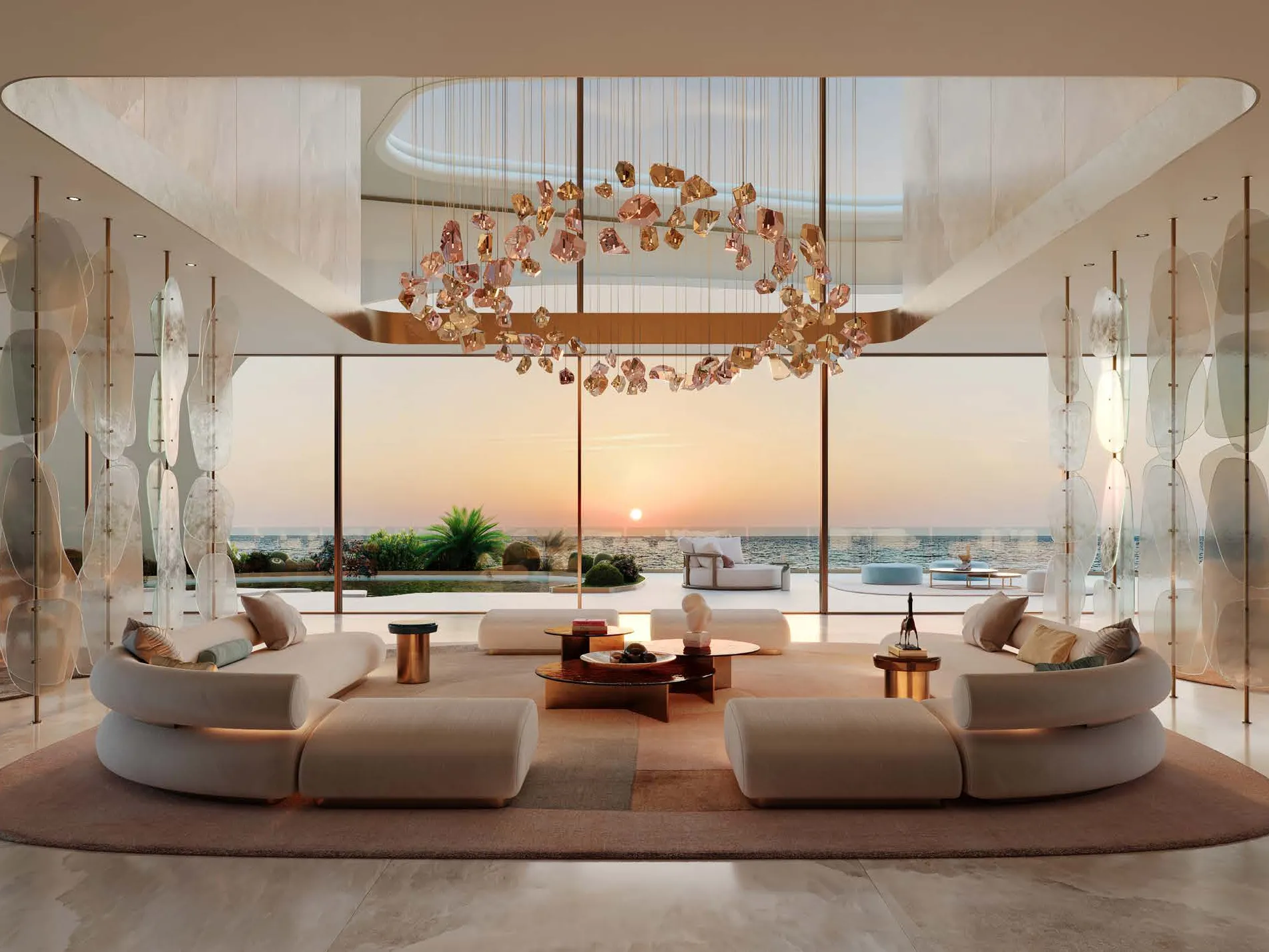 Sky Mansion living room with curved sofas and sunset sea view