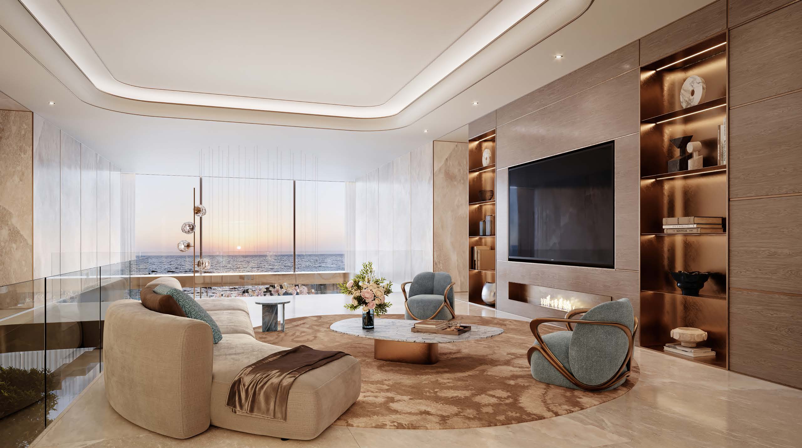 Upper-level lounge with fireplace, wood panelling and sea view at sunset