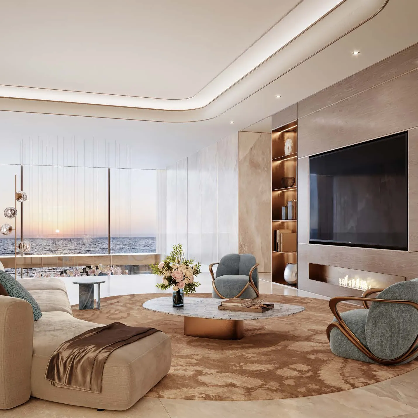 Upper-level lounge with fireplace, wood panelling and sea view at sunset