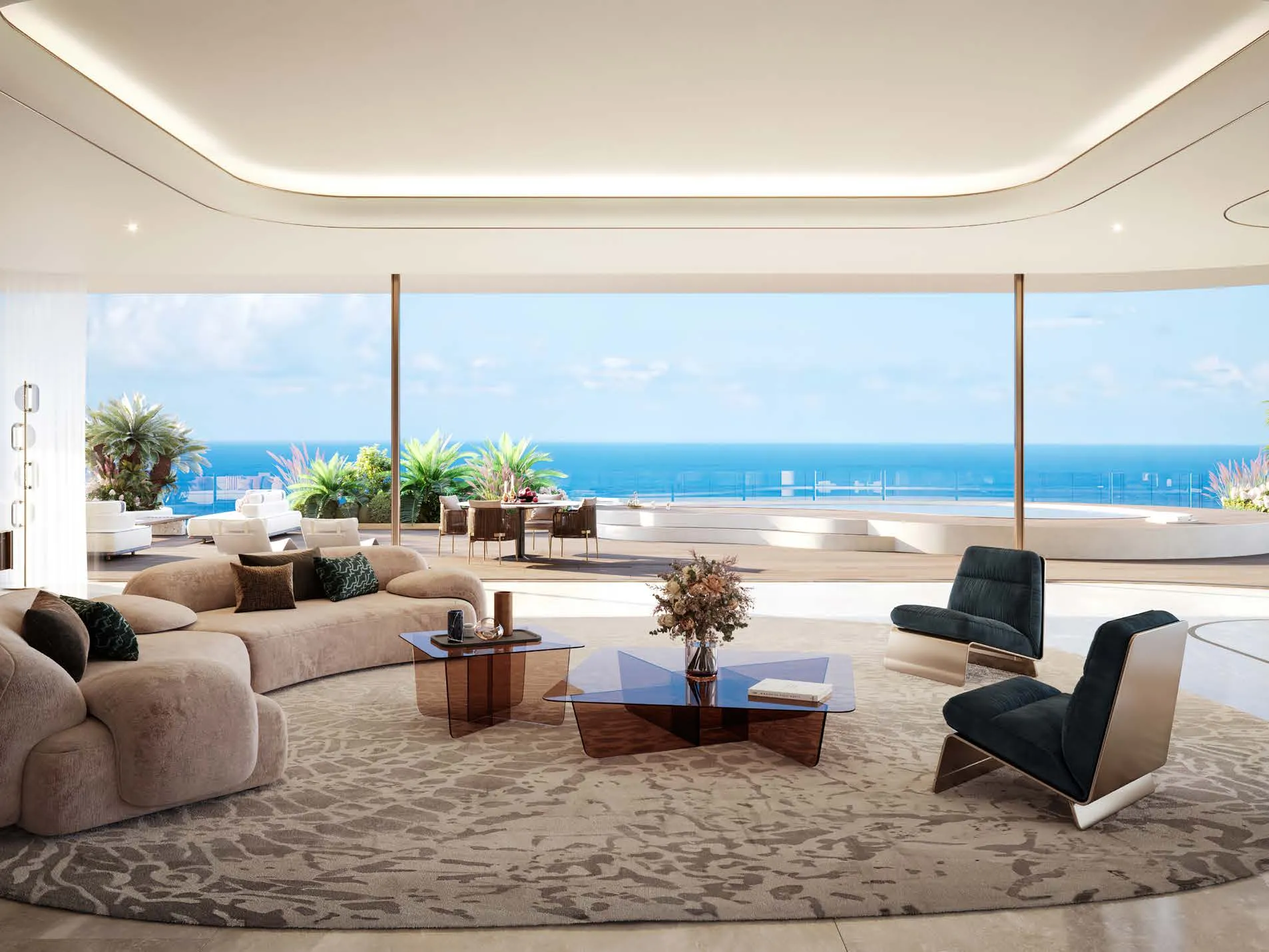 Penthouse living room opening onto a terrace and blue sea