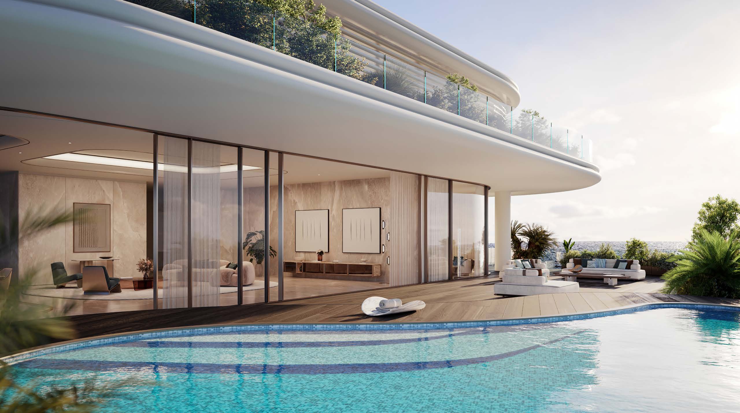 Penthouse terrace with mosaic-tiled pool, wooden deck and glass walls
