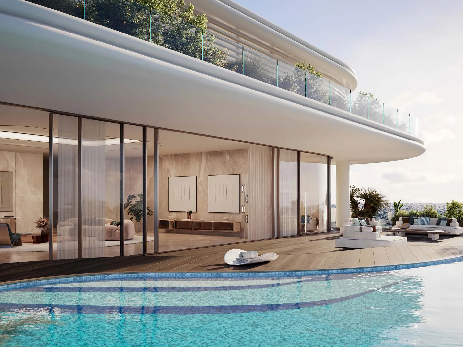 Penthouse terrace with mosaic-tiled pool, wooden deck and glass walls