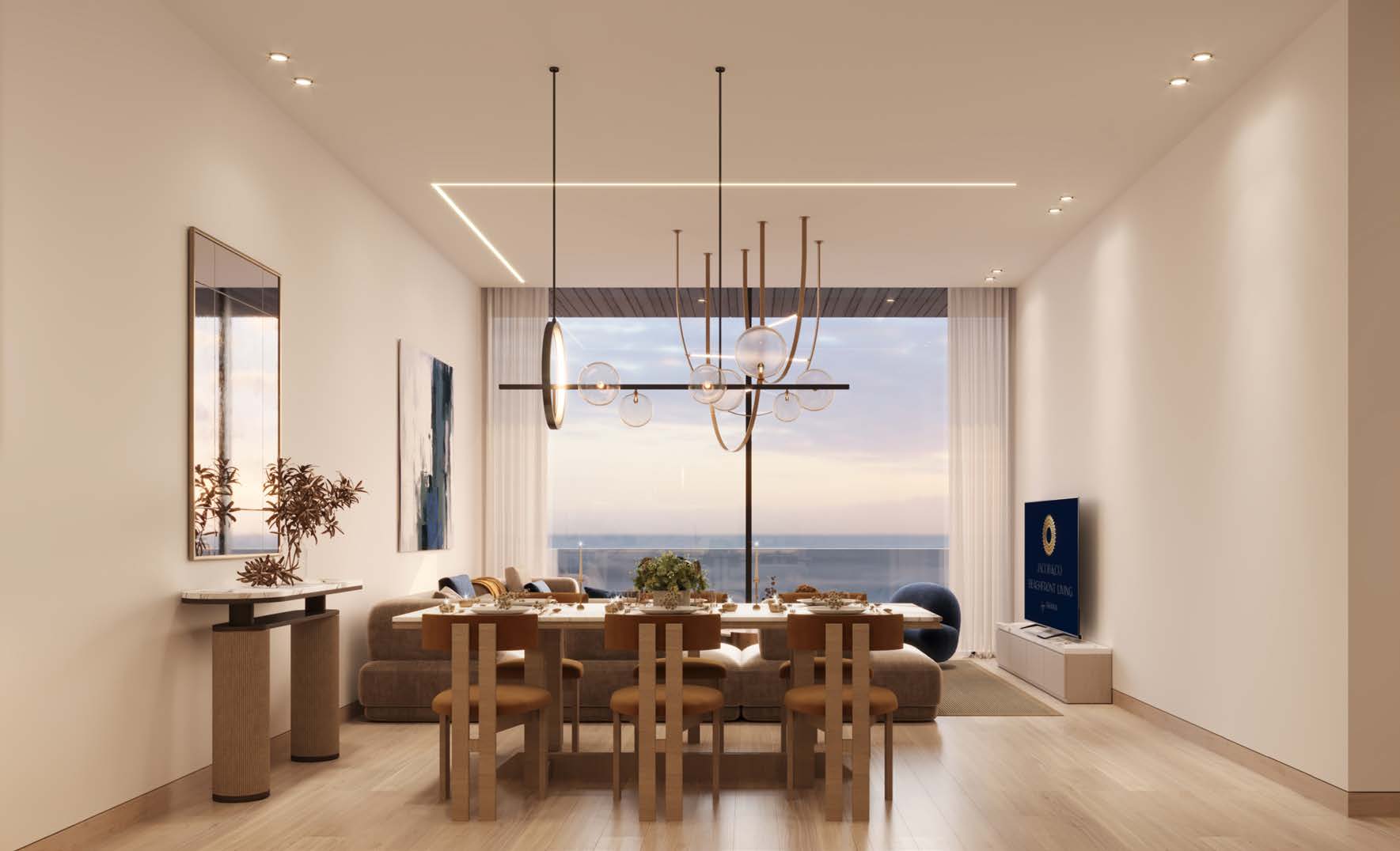 Apartment dining and living room with a tall window to the sea