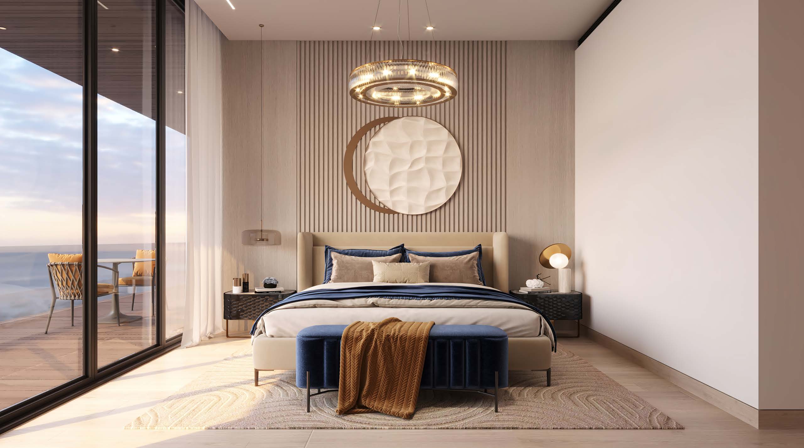 Apartment bedroom with slatted headboard wall and glass doors to a terrace