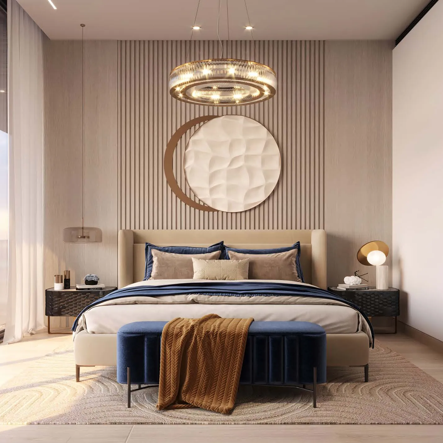 Apartment bedroom with slatted headboard wall and glass doors to a terrace