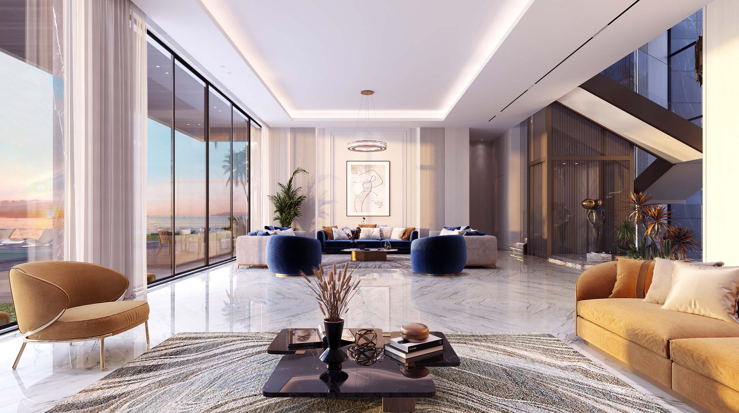 Double-height villa living room with marble floor and glass wall to the sea