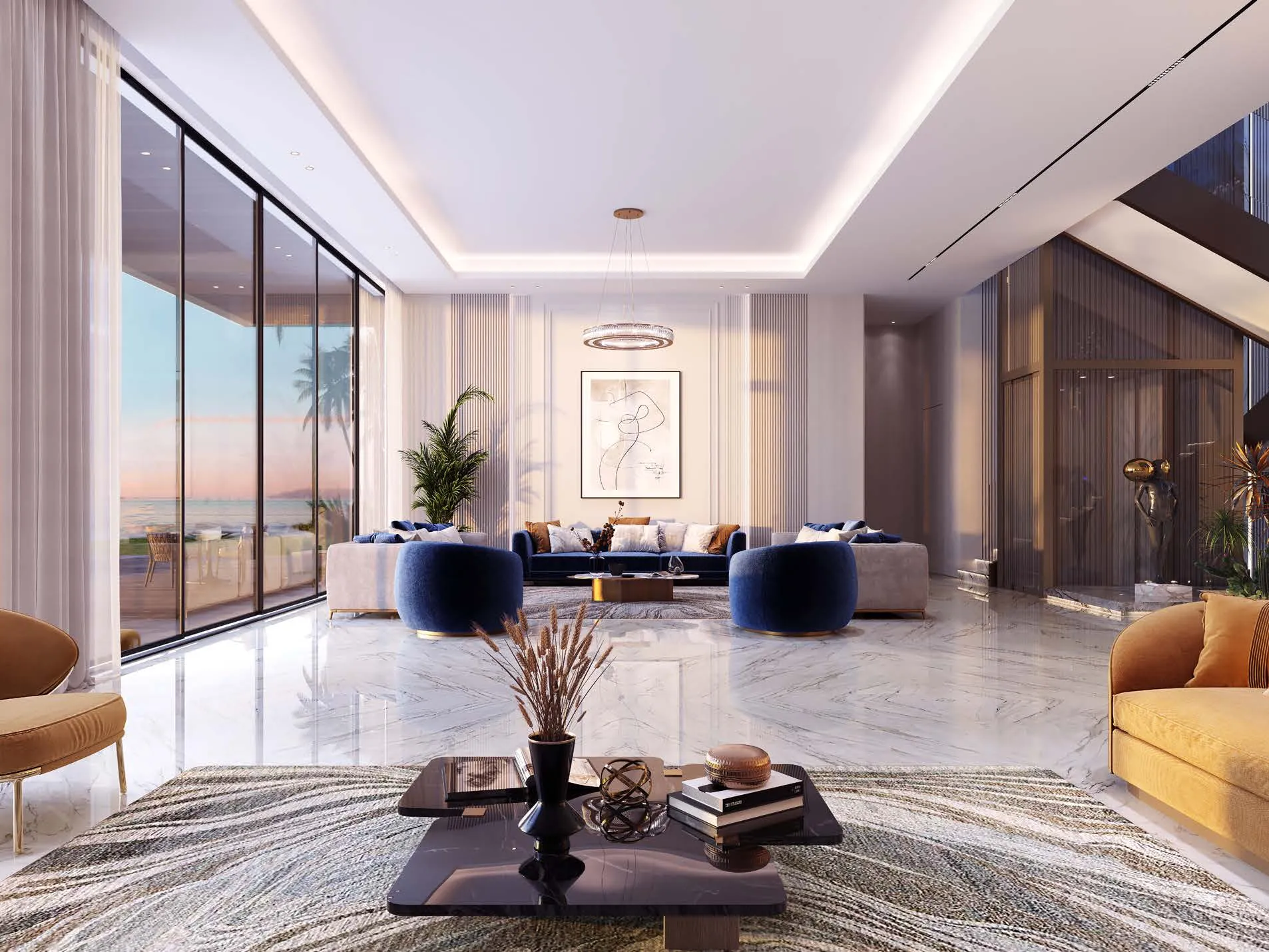 Double-height villa living room with marble floor and glass wall to the sea