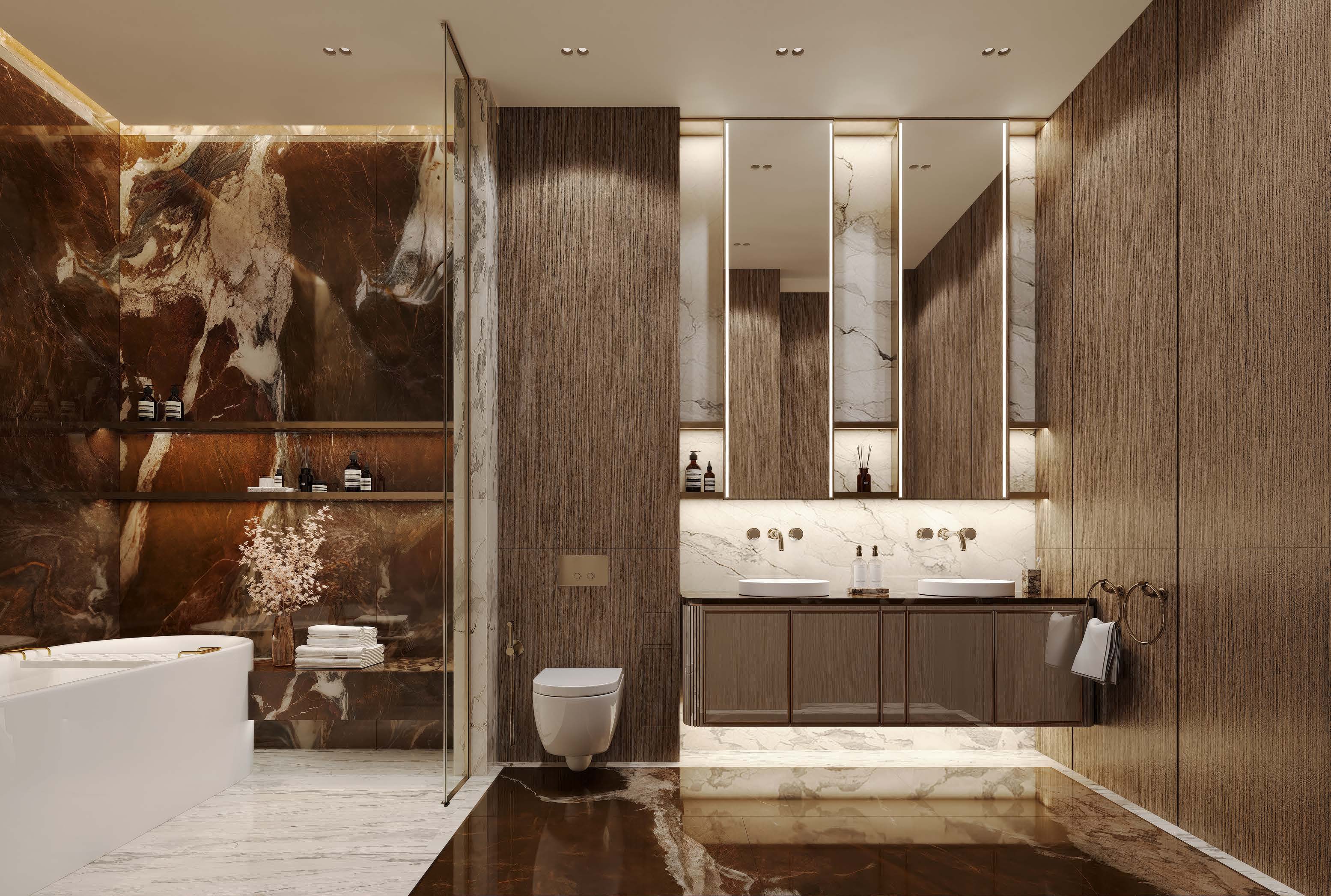 Bathroom with freestanding tub, double vanity and dark marble wall