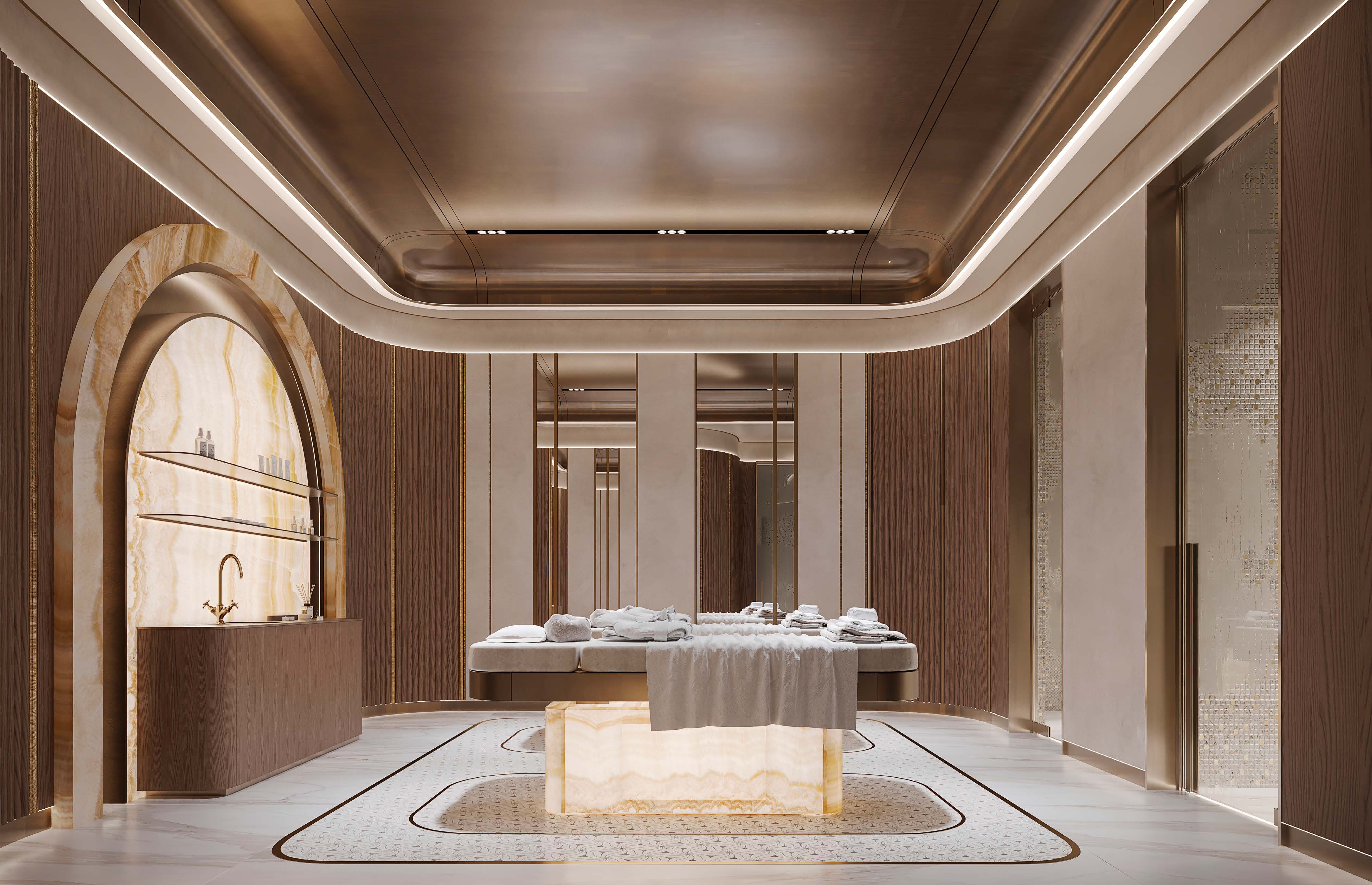 Residents' massage room with onyx wall and curved ceiling