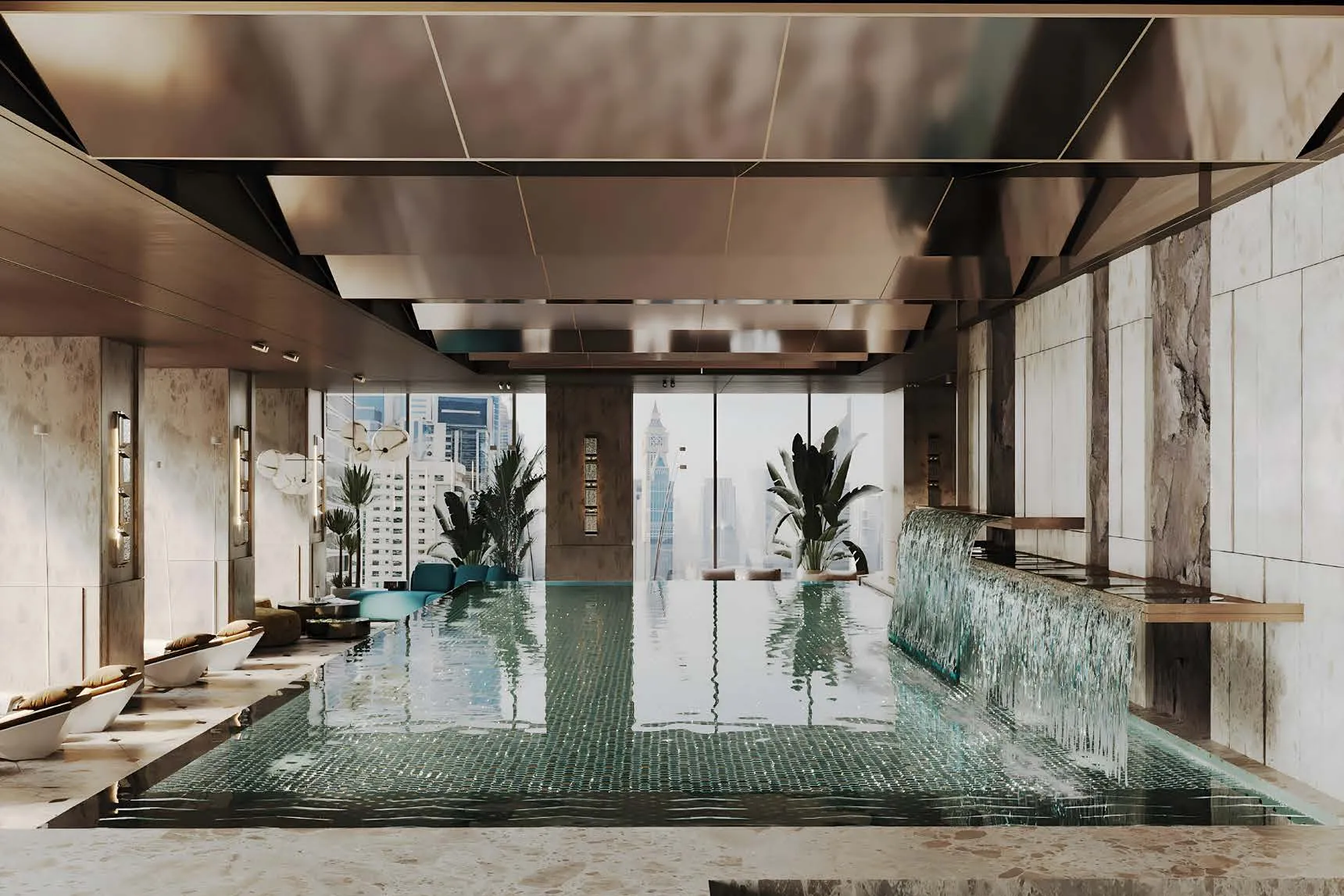Penthouse indoor pool with water feature and city views