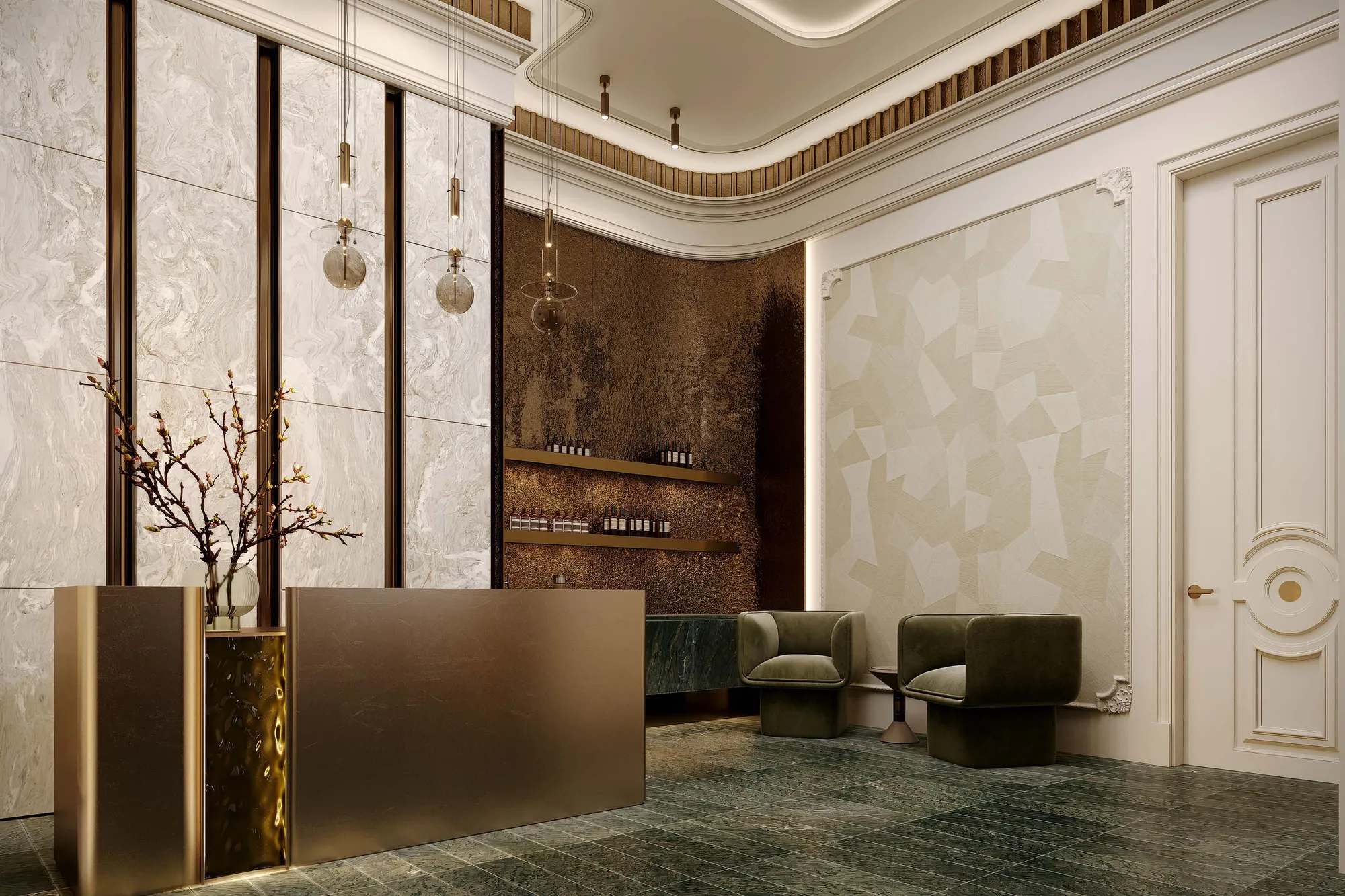 Hotel spa reception with bronze desk and green marble floor