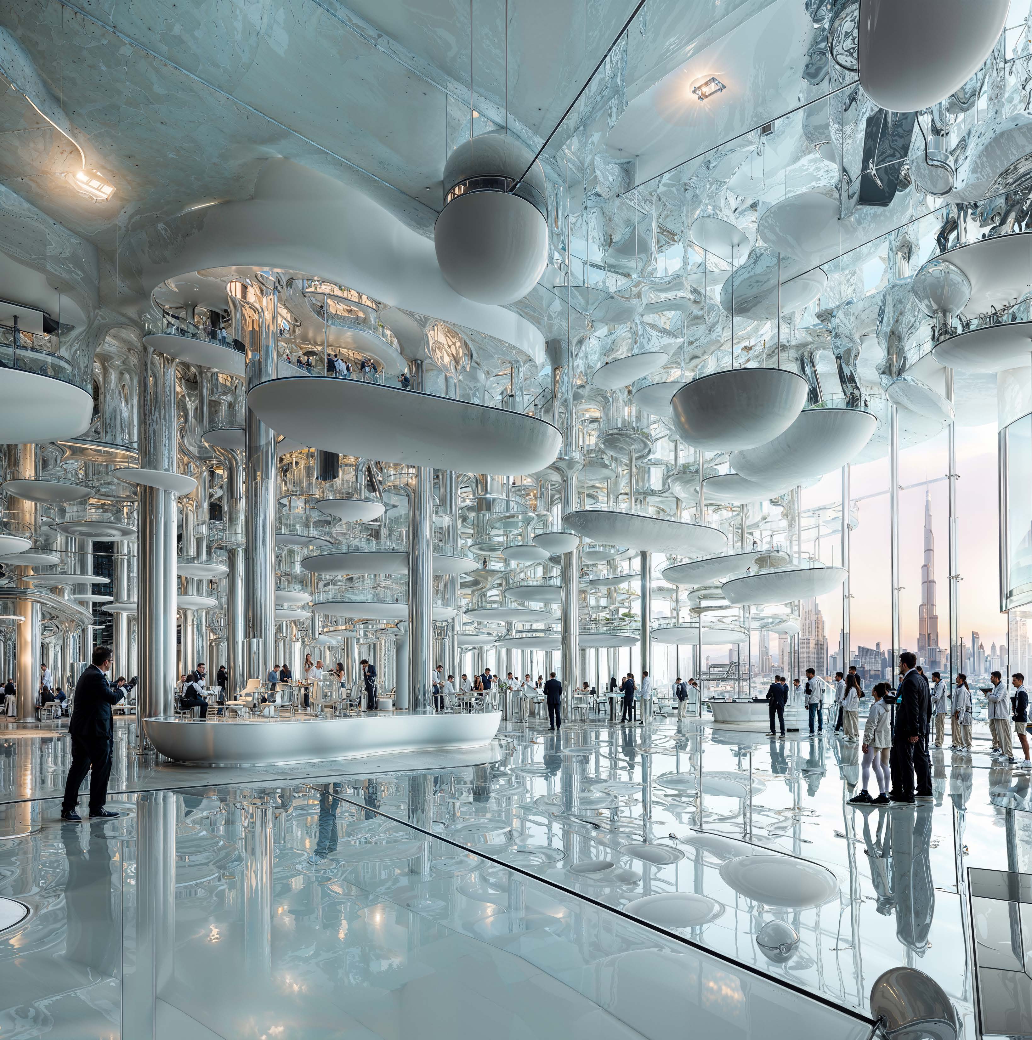 Observation deck with floating white platforms and Burj Khalifa view