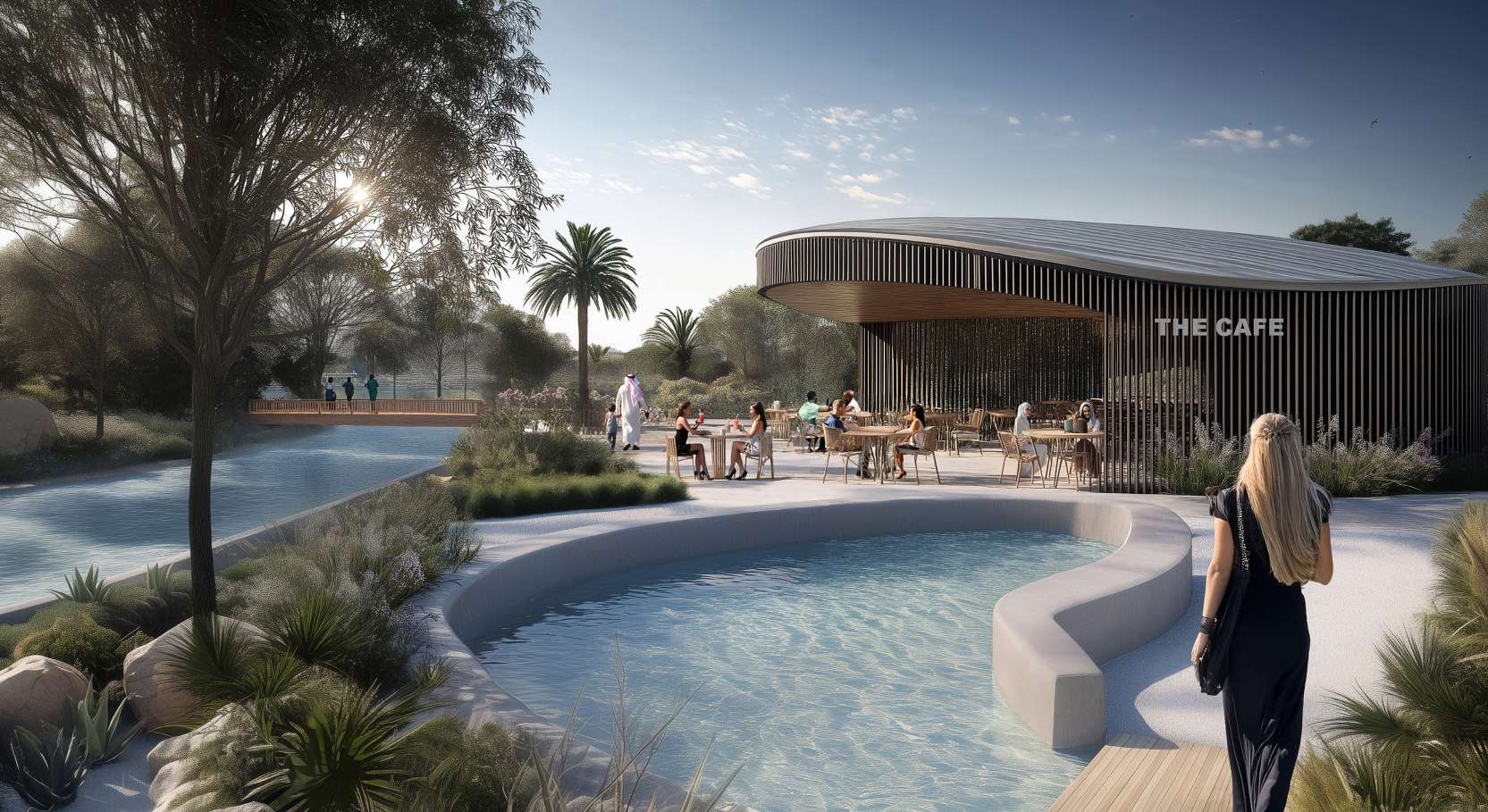 Curved timber café with outdoor tables beside a shallow pool