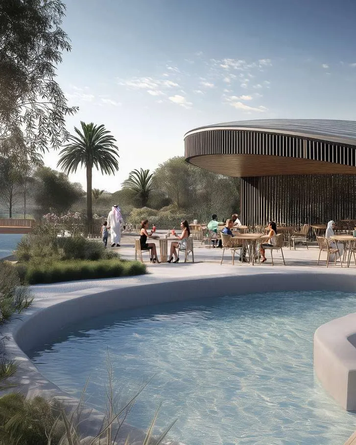 Curved timber café with outdoor tables beside a shallow pool