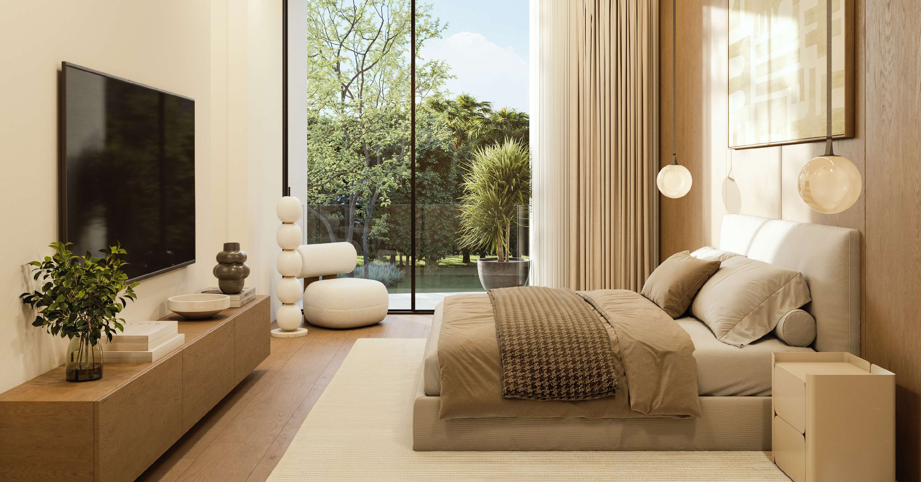 Calm bedroom in oak and linen with a tall window onto trees