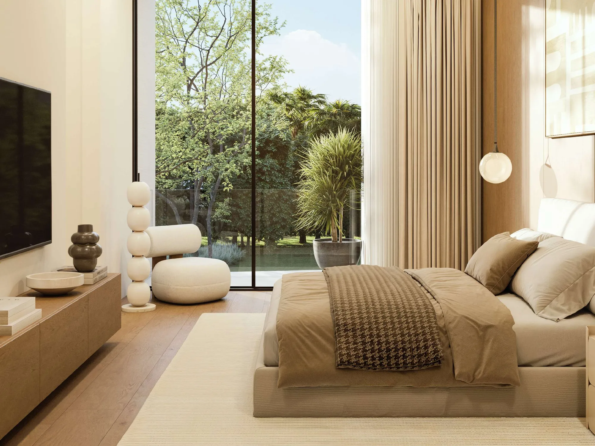 Calm bedroom in oak and linen with a tall window onto trees