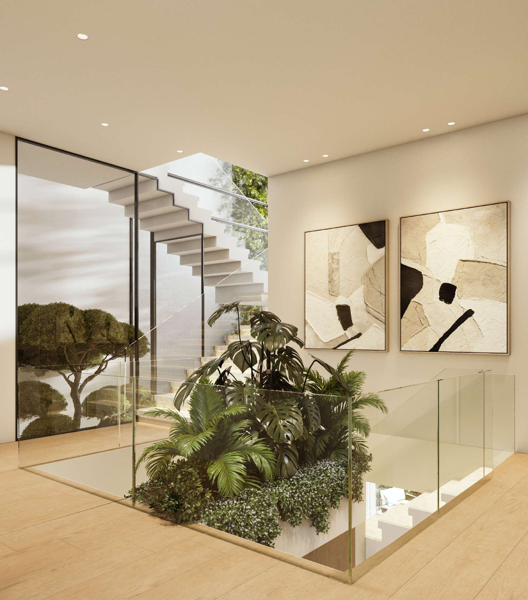 Floating staircase beside an indoor planter behind glass balustrades