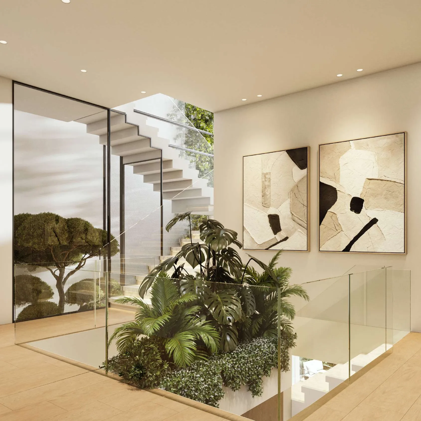 Floating staircase beside an indoor planter behind glass balustrades