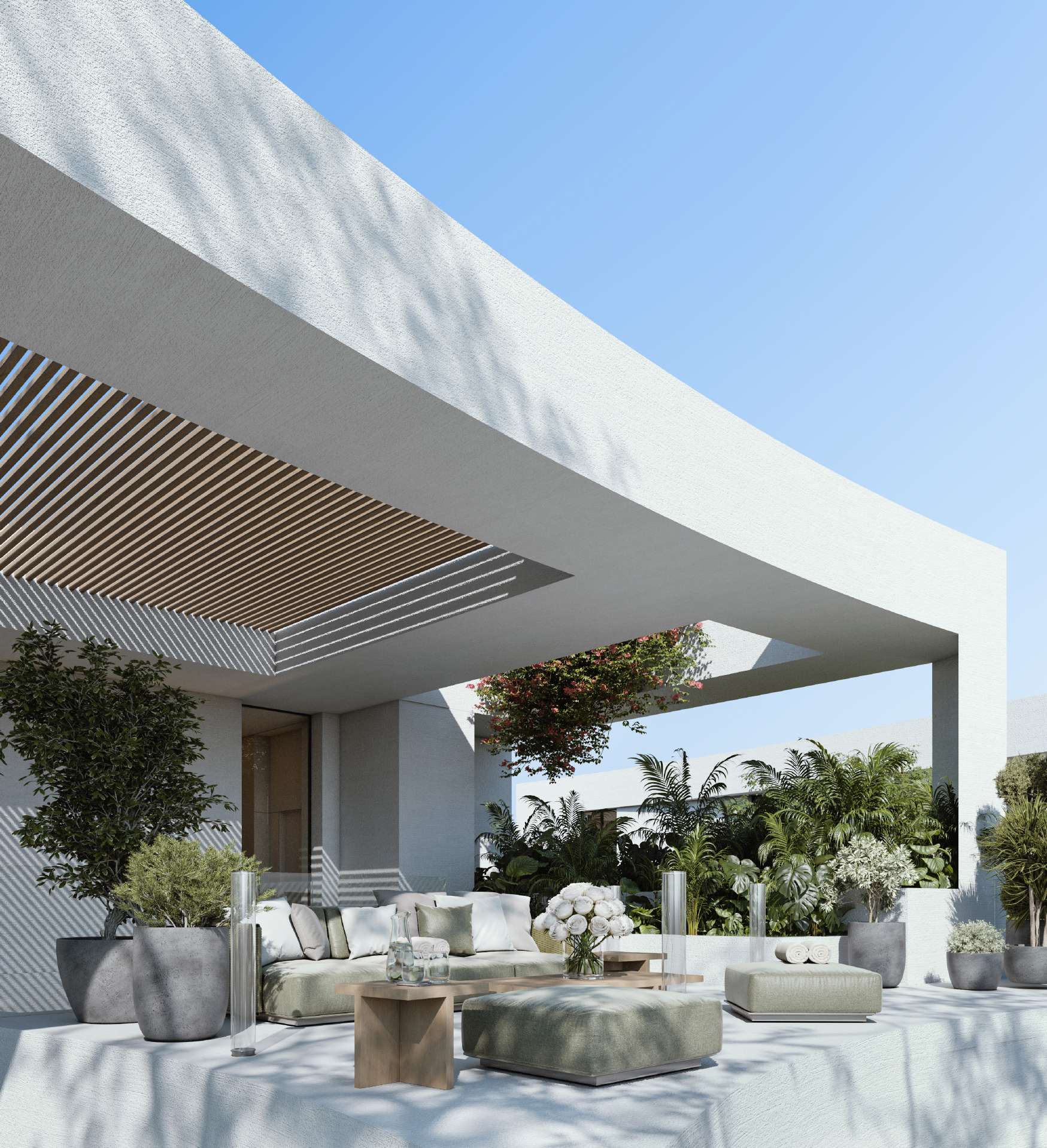 Rooftop lounge under a curved canopy with sofas and potted plants