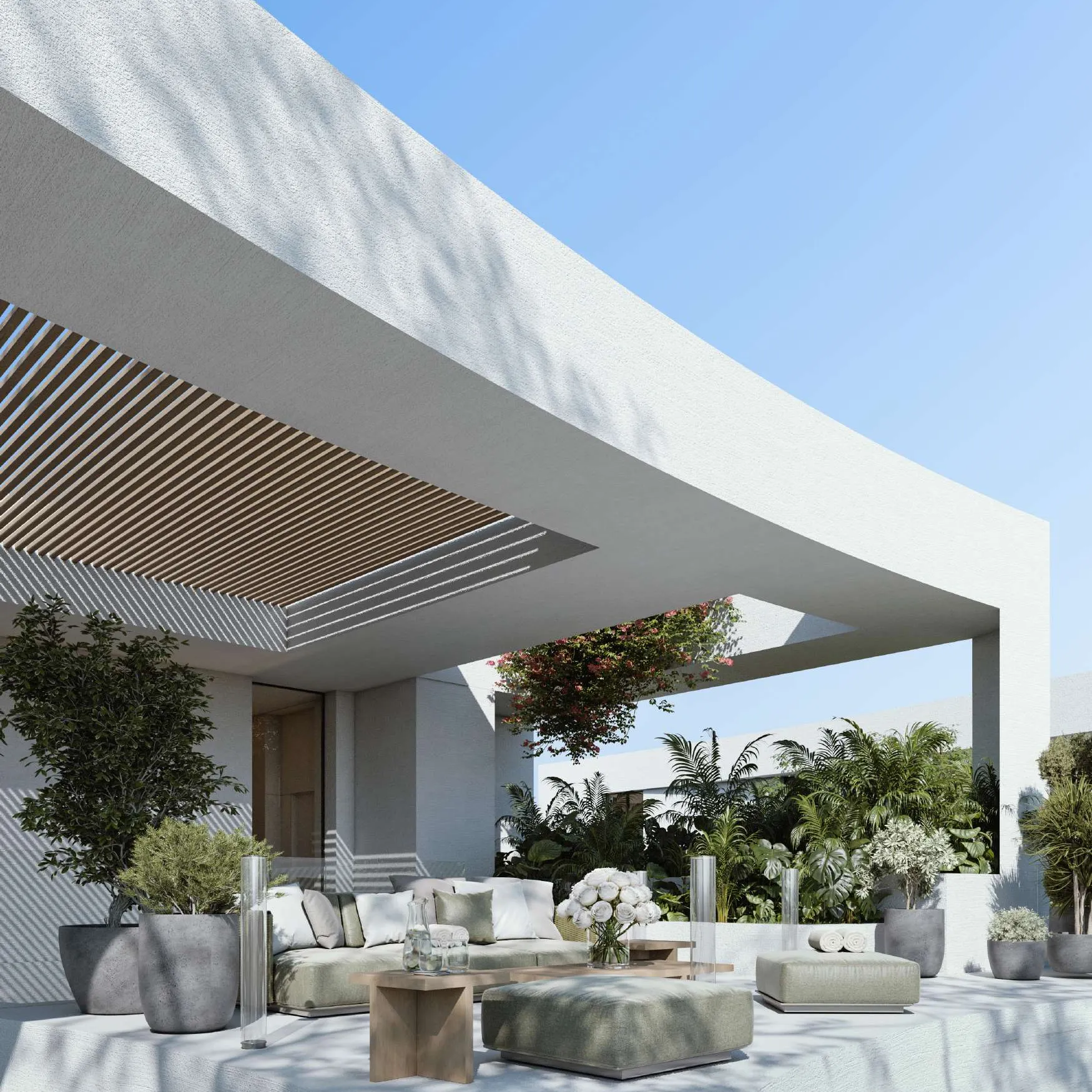 Rooftop lounge under a curved canopy with sofas and potted plants