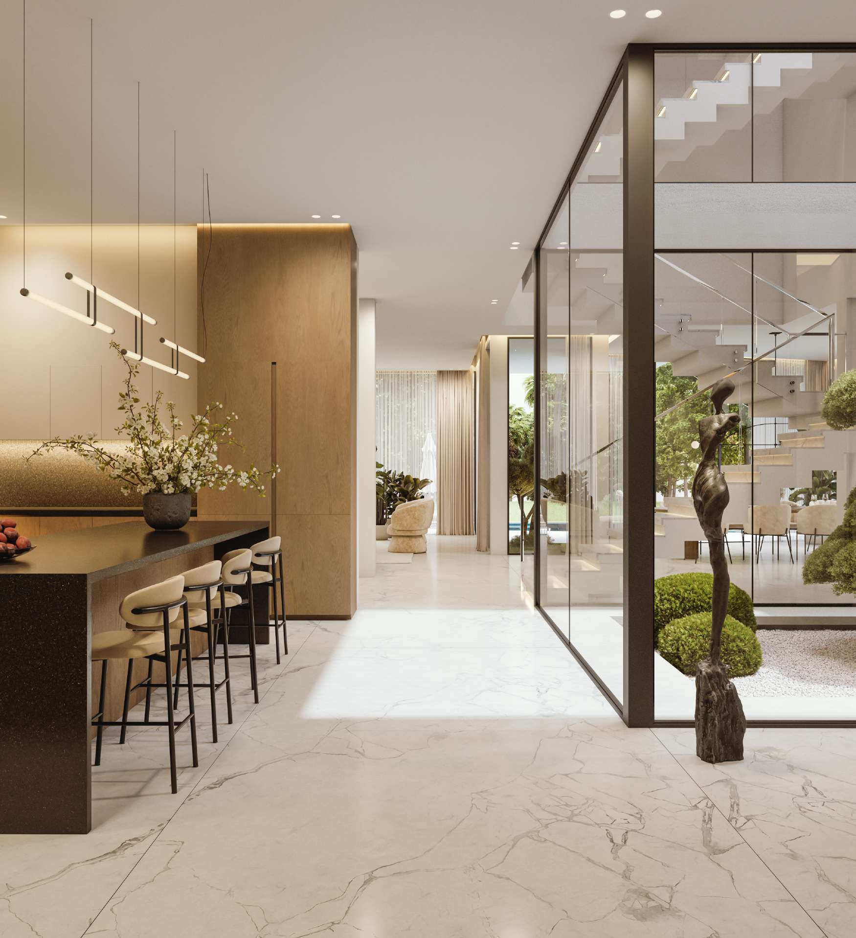 Marble-floored kitchen with island beside a glazed atrium and stairs