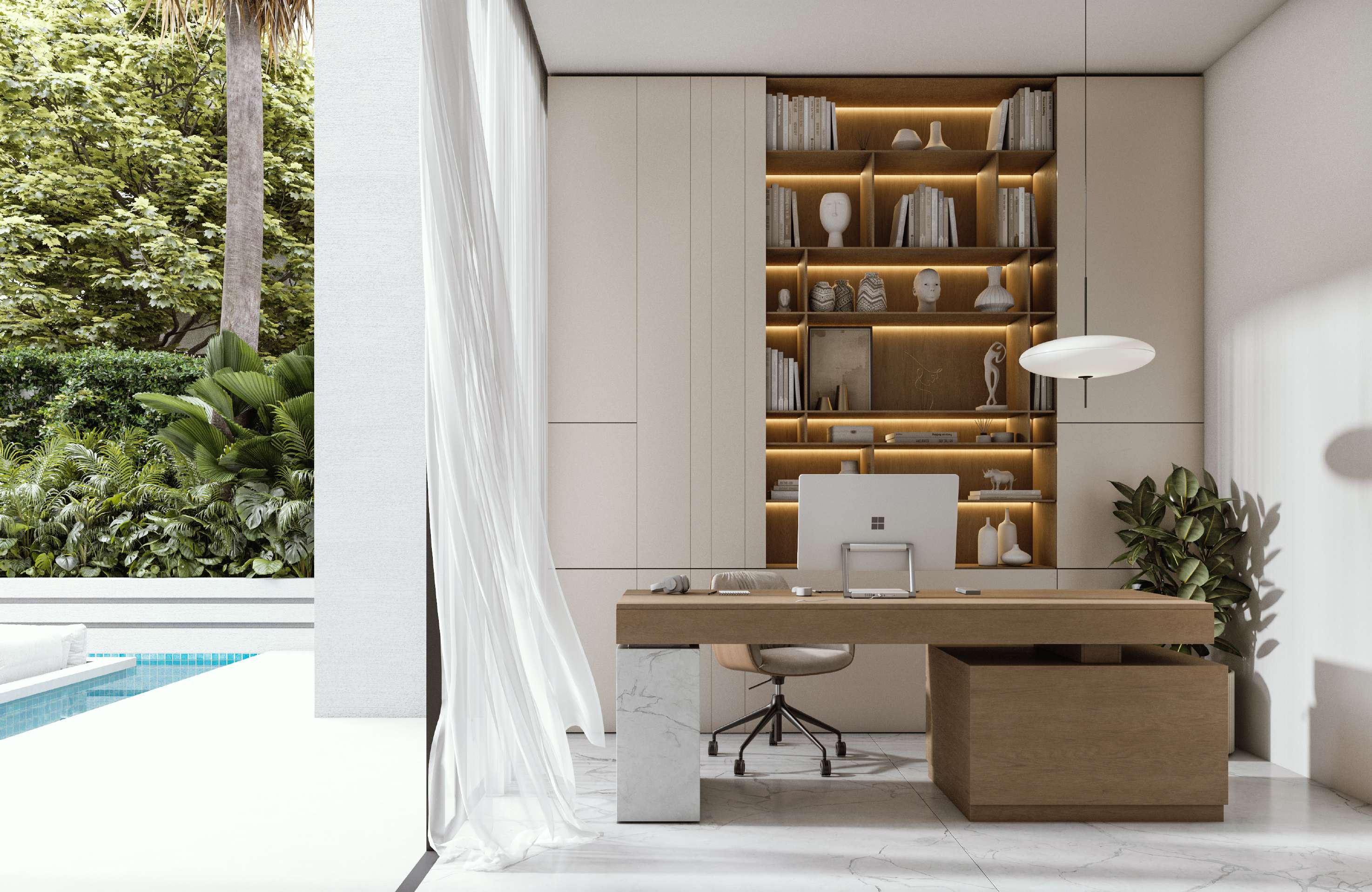 Home office with lit oak shelves, opening onto a pool and garden