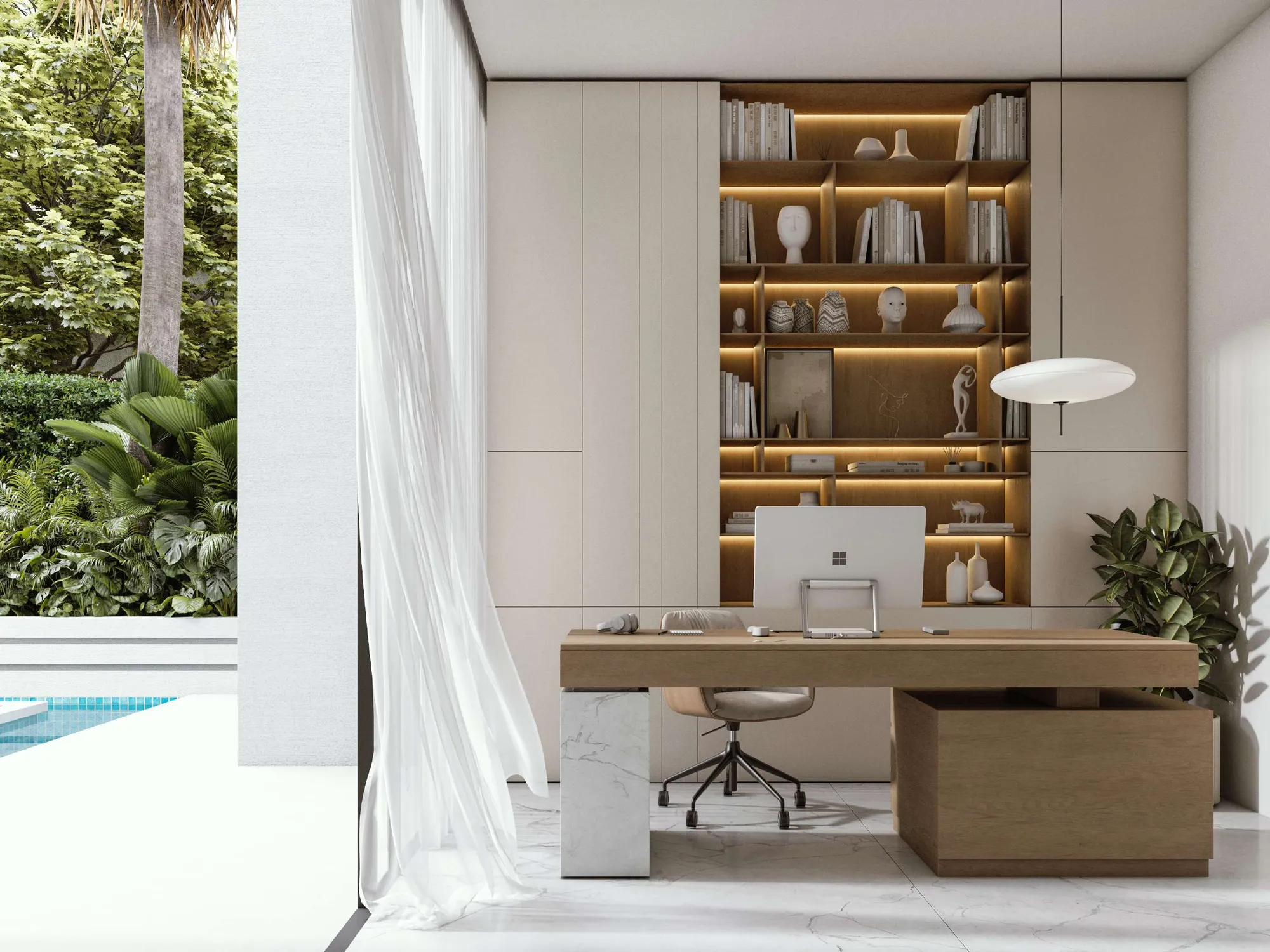 Home office with lit oak shelves, opening onto a pool and garden