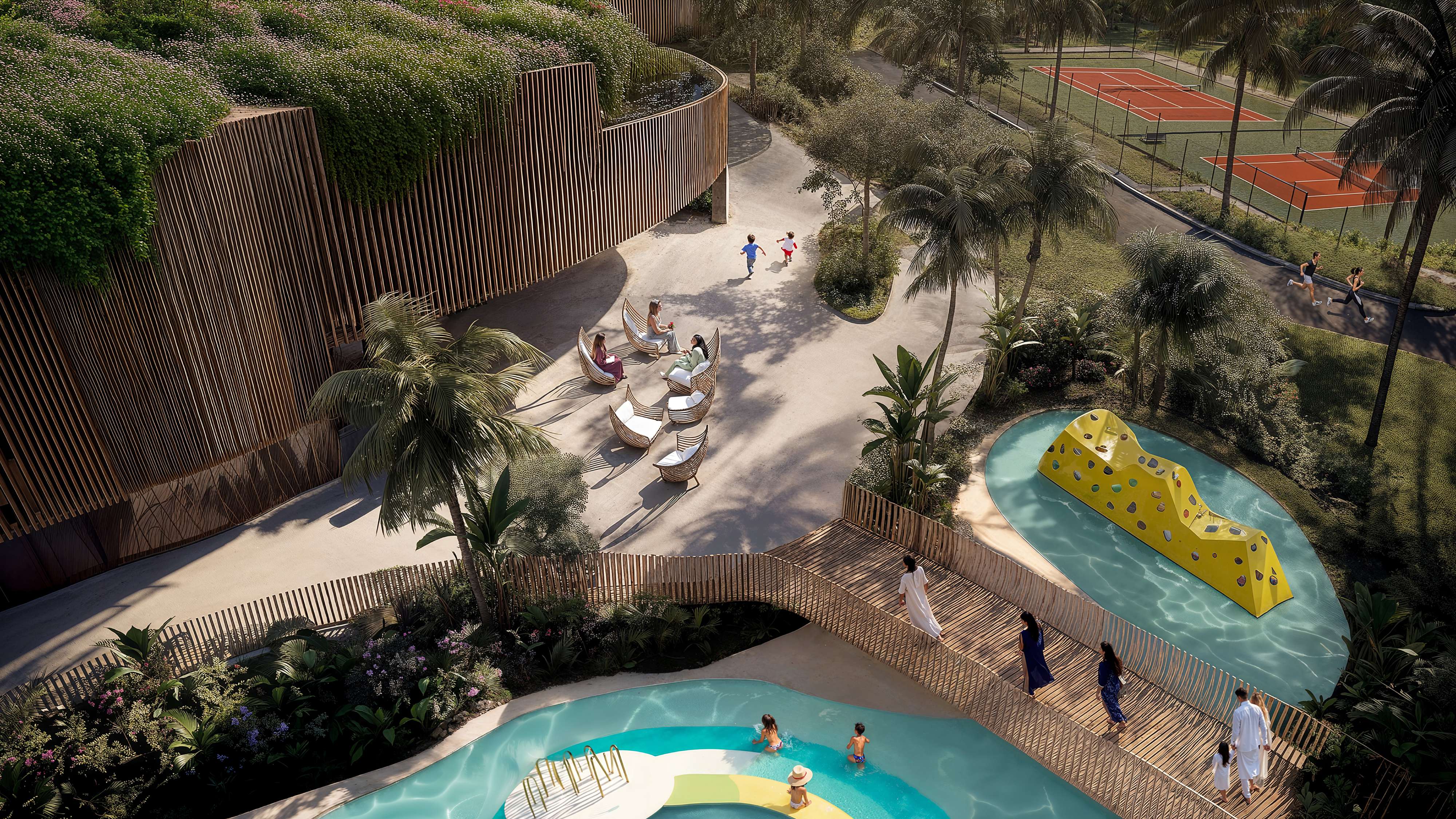 Paths, splash pools, a climbing wall and tennis courts among palms