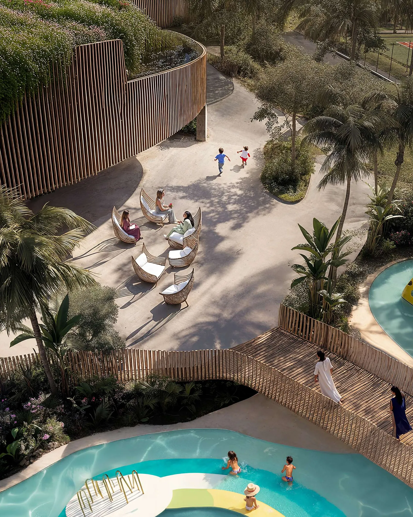 Paths, splash pools, a climbing wall and tennis courts among palms