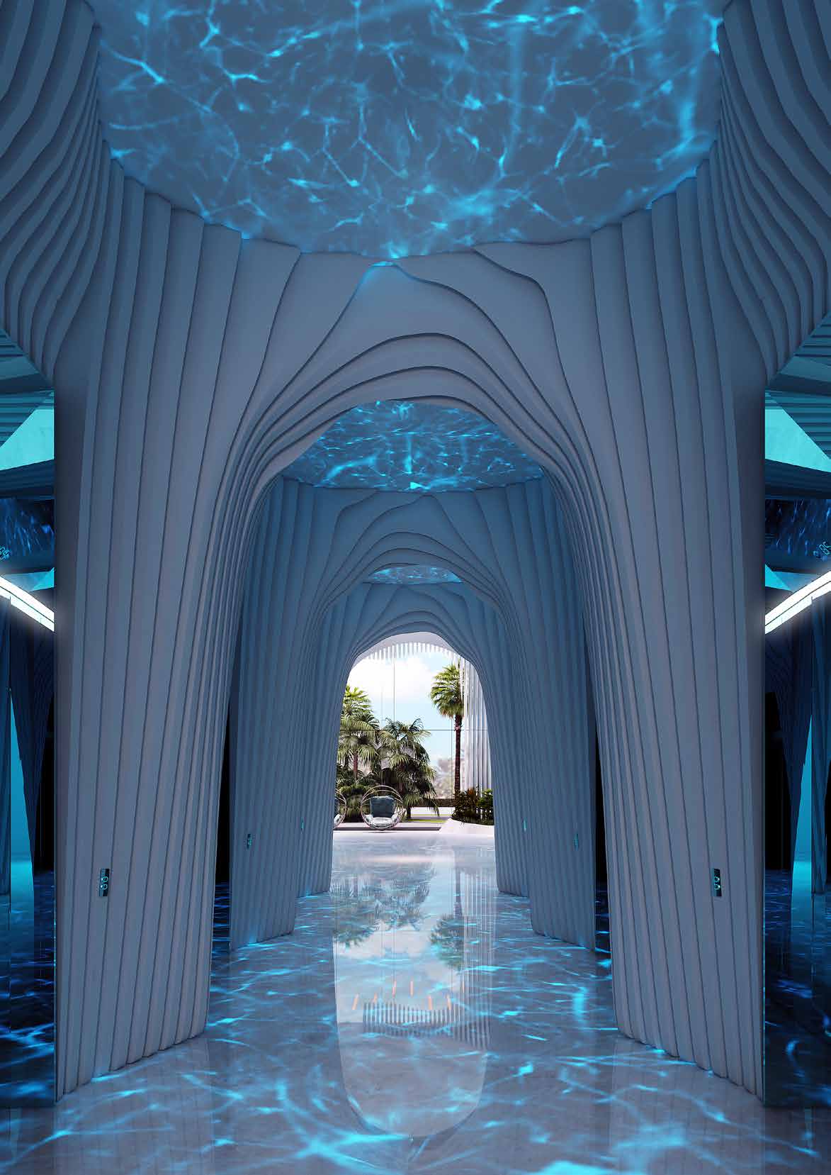 Ribbed white archways under a rippling blue lit ceiling