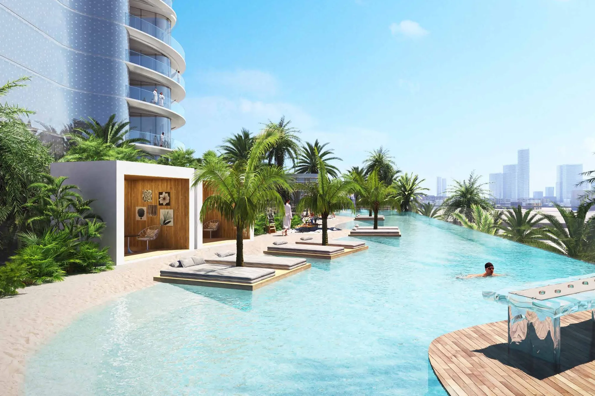 Sand beach, cabanas and long pool with sun loungers on the podium