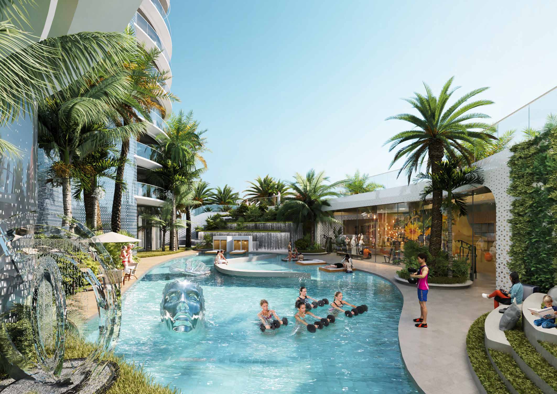 Palm-shaded garden pool with sculptures and residents exercising
