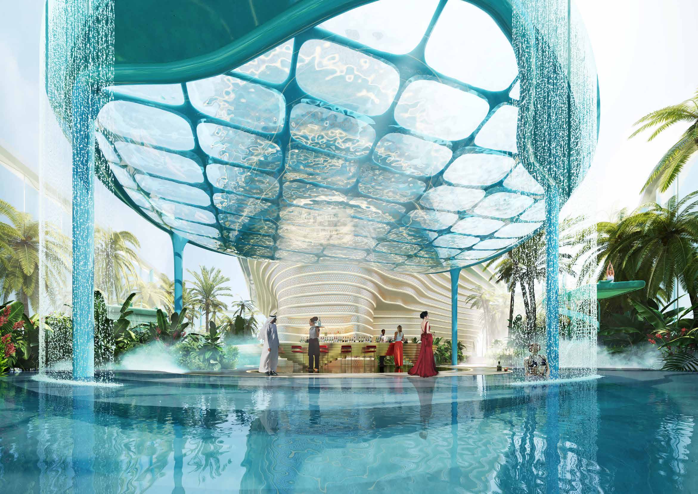 Bar beneath a glass canopy with falling water, ringed by palms